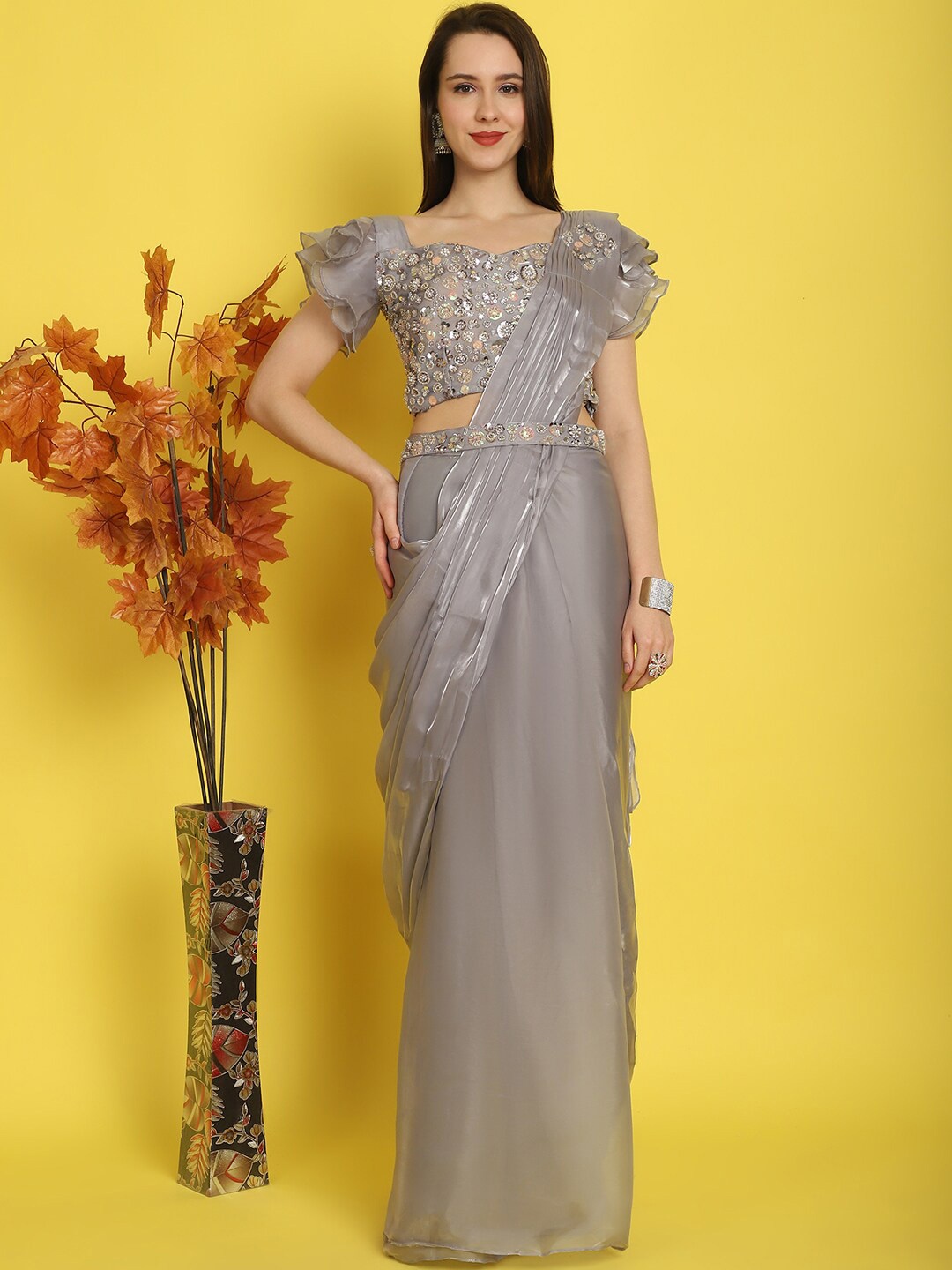 

Mitera Embellished Organza Ready to Wear Saree With Belt, Grey