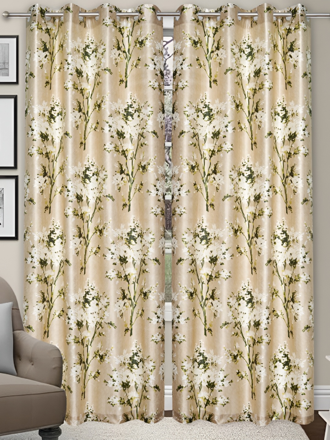 

REYANSH DECOR Green & Beige 2 Pieces Floral Print Window Curtain