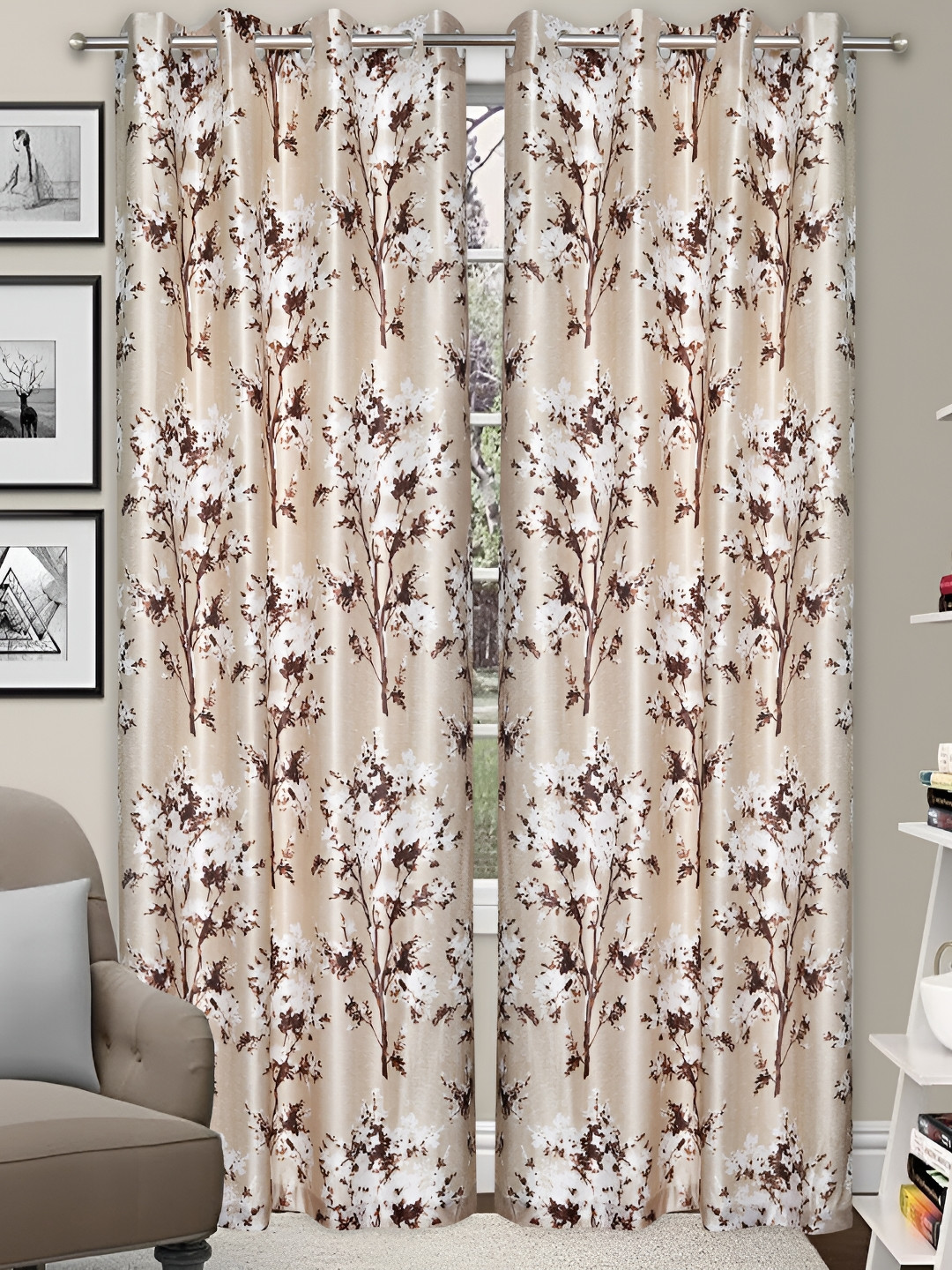 

REYANSH DECOR Brown & Beige 2 Pieces Floral Printed Window Curtain