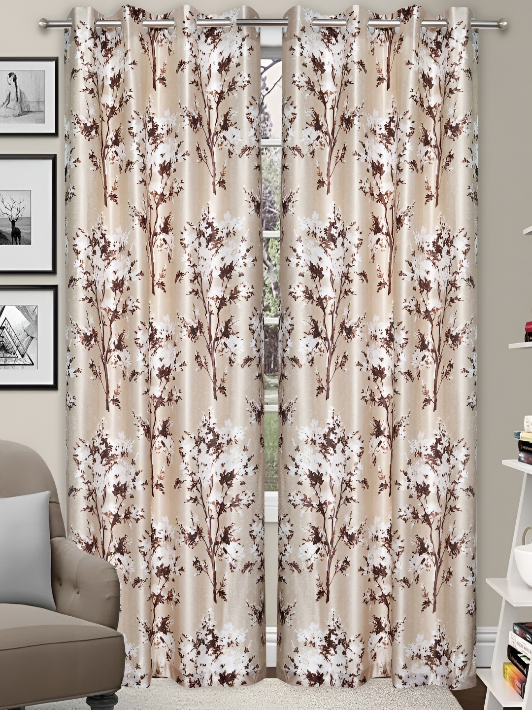 

REYANSH DECOR Brown & Beige 2 Pieces Floral Print Window Curtain