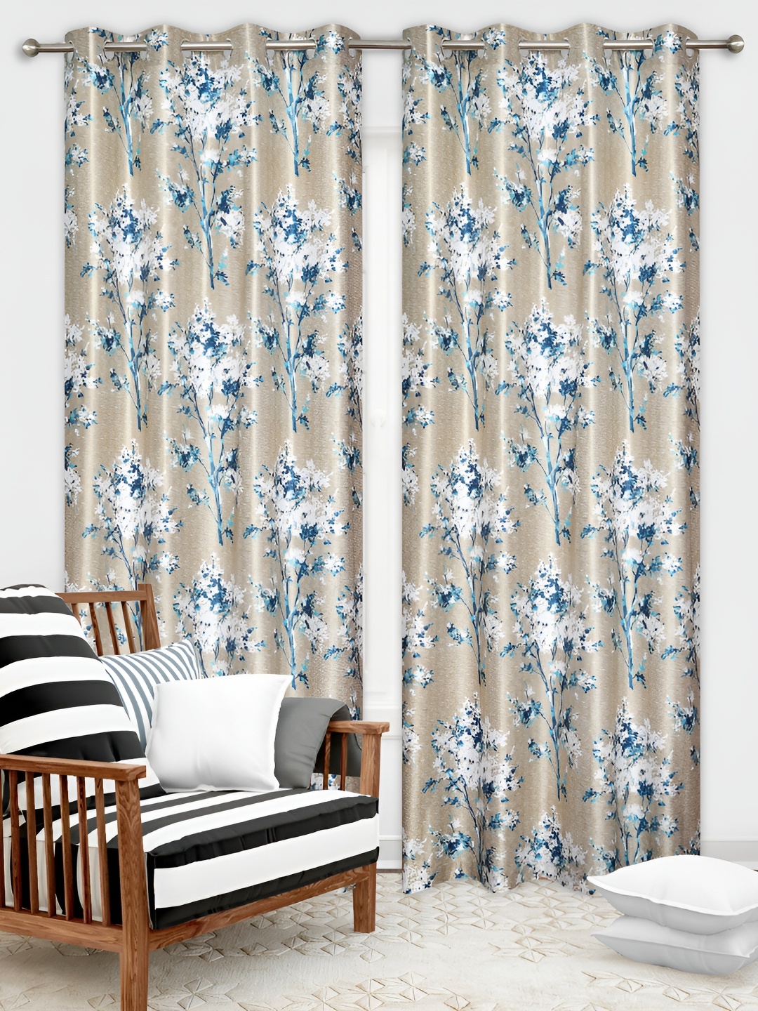 

REYANSH DECOR Blue & Beige 2 Pieces Floral Pieces Door Curtain