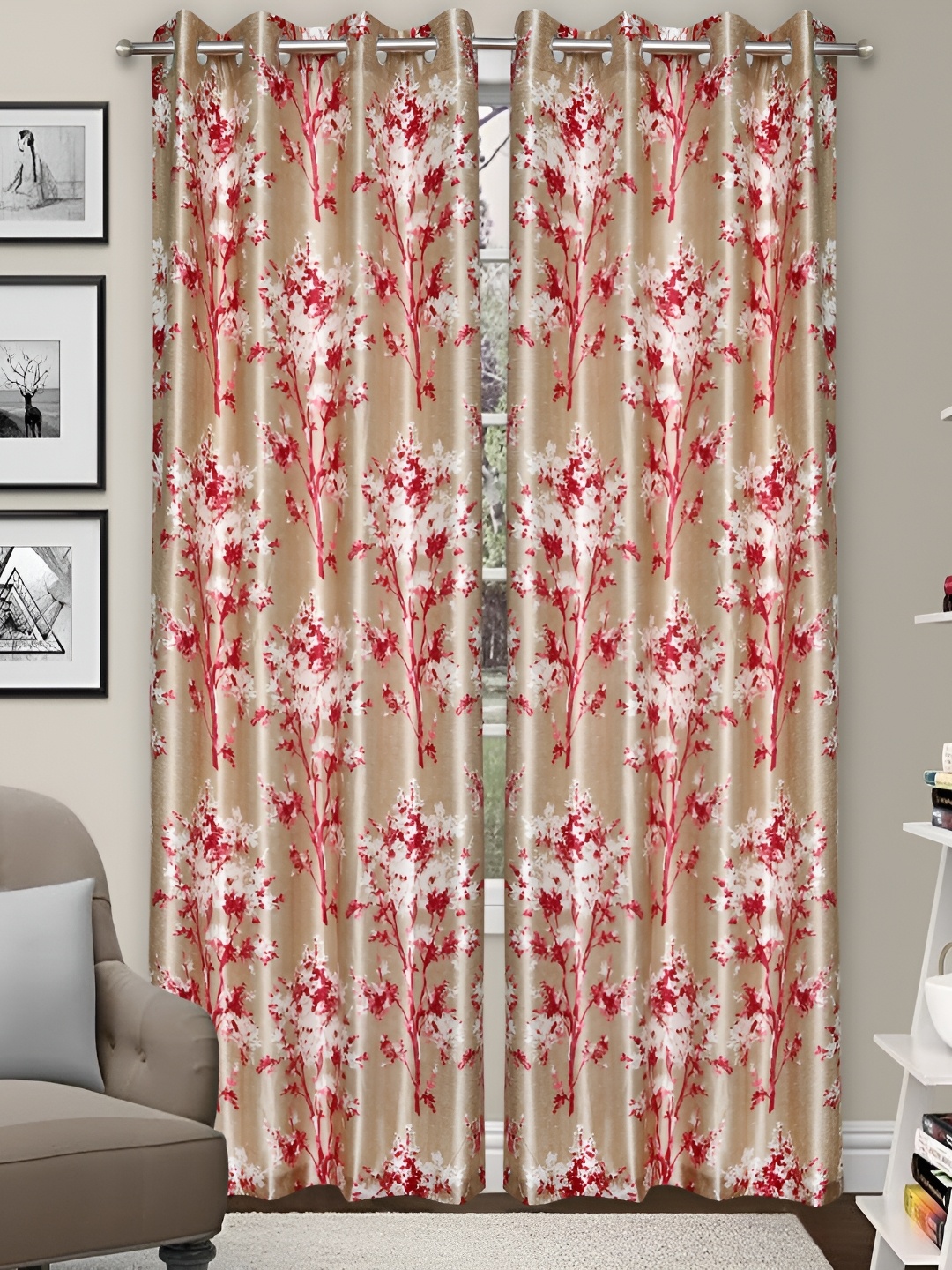 

REYANSH DECOR Maroon & Beige 2 Pieces Floral Print Window Curtain
