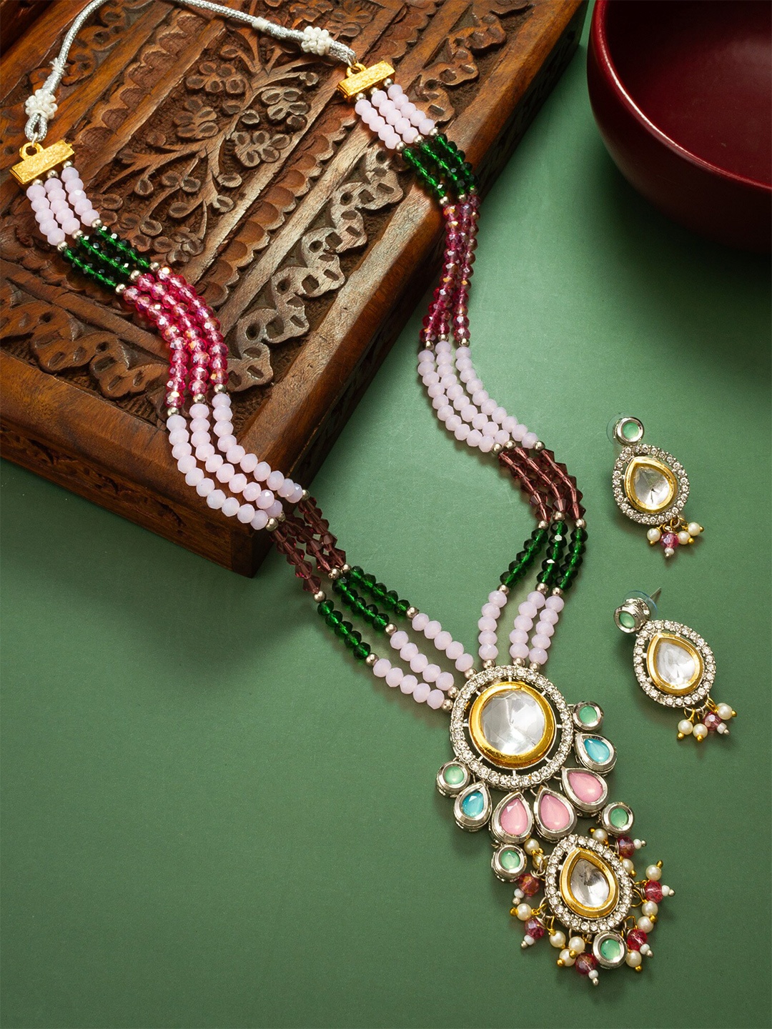 

aadita Stone-Studded & Beaded Necklace And Earrings, Gold