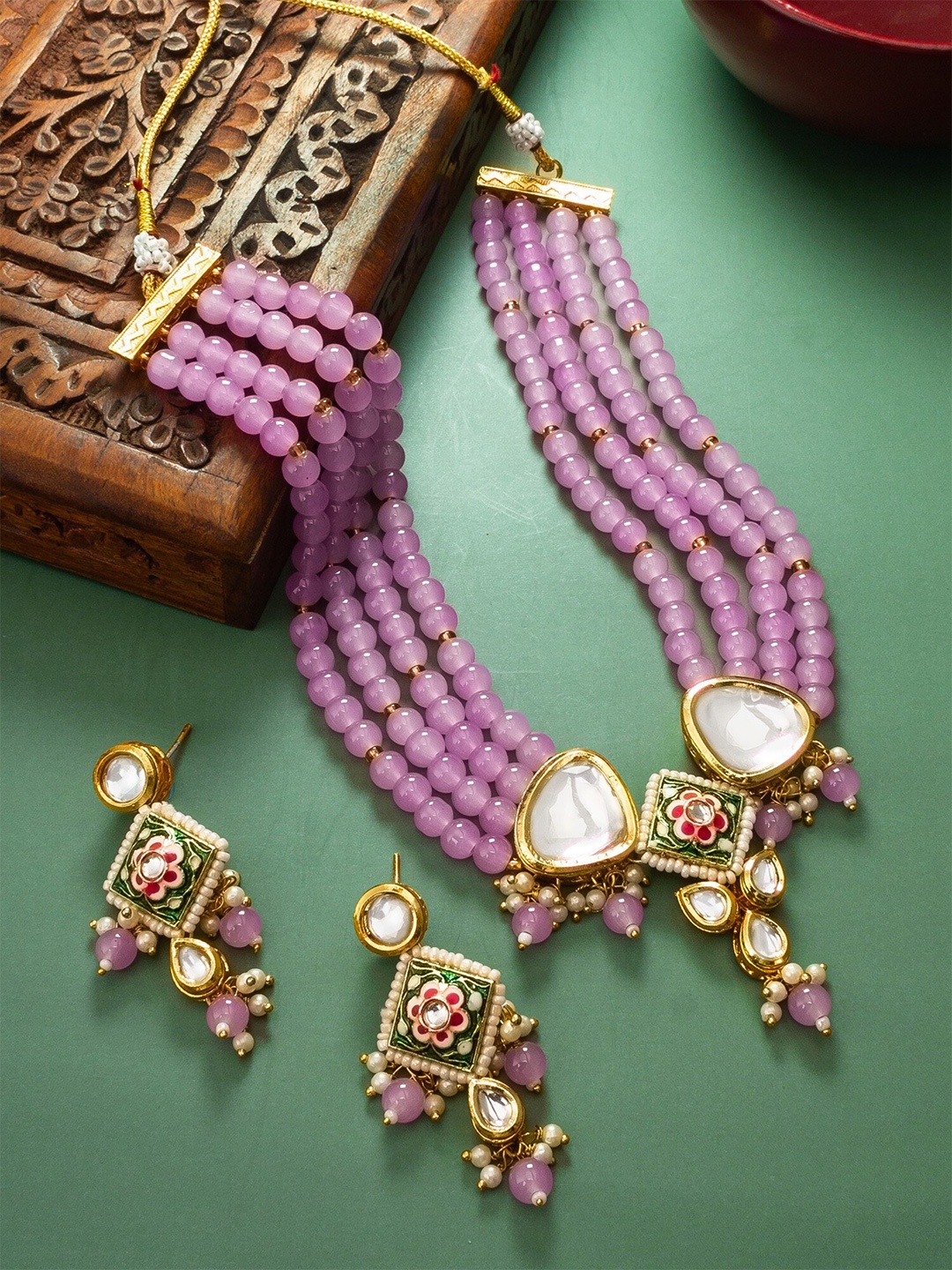 

aadita Stone-Studded & Beaded Necklace And Earrings, Gold