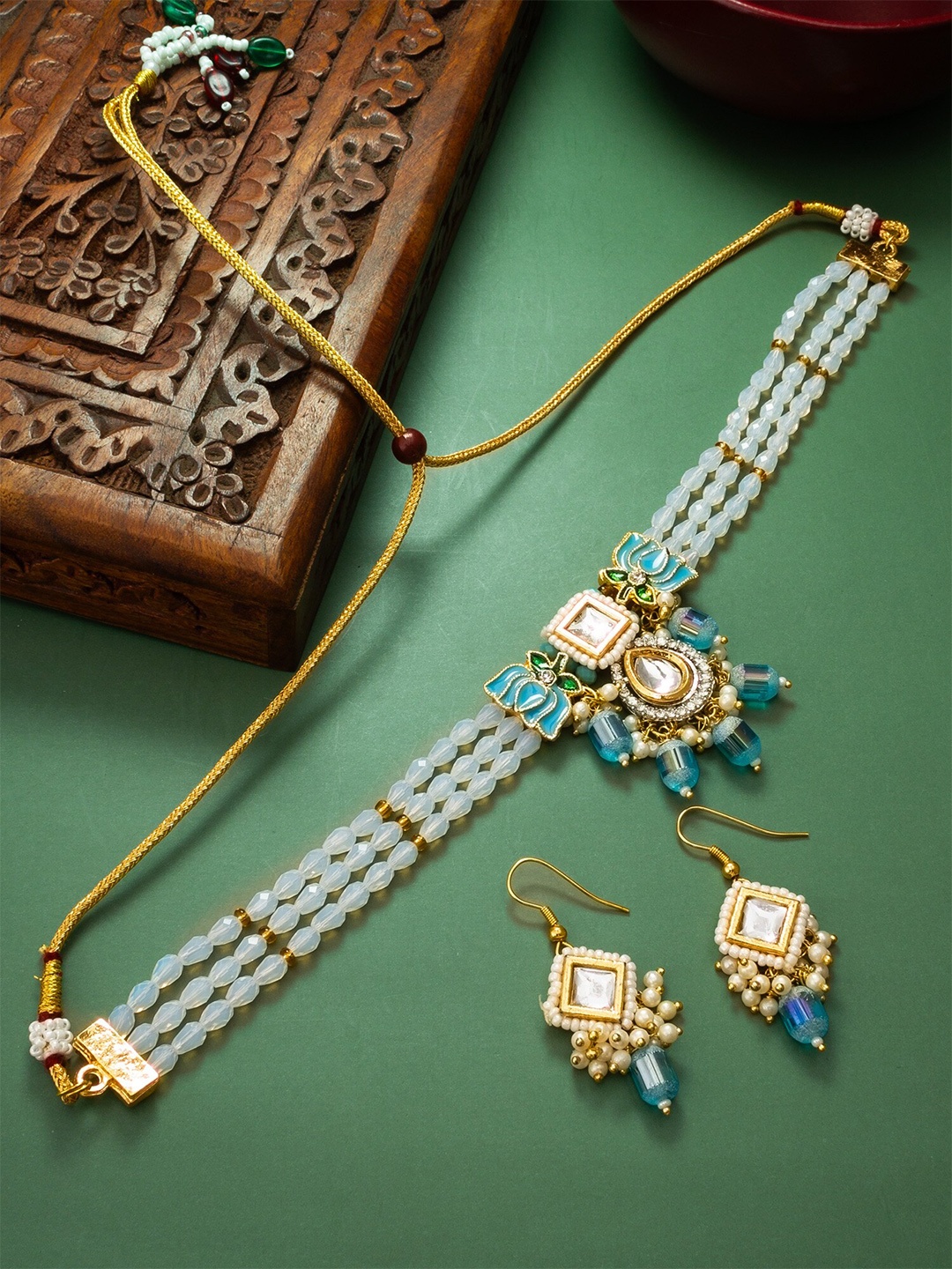 

aadita Stone-Studded & Beaded Necklace And Earrings, Gold