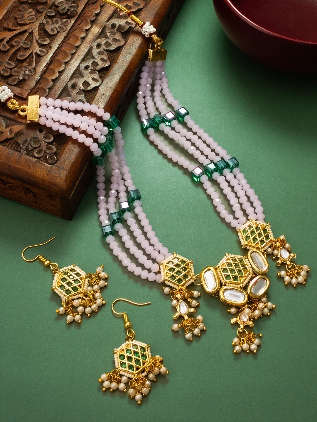 

aadita Stone-Studded & Beaded Jewellery Set, Gold