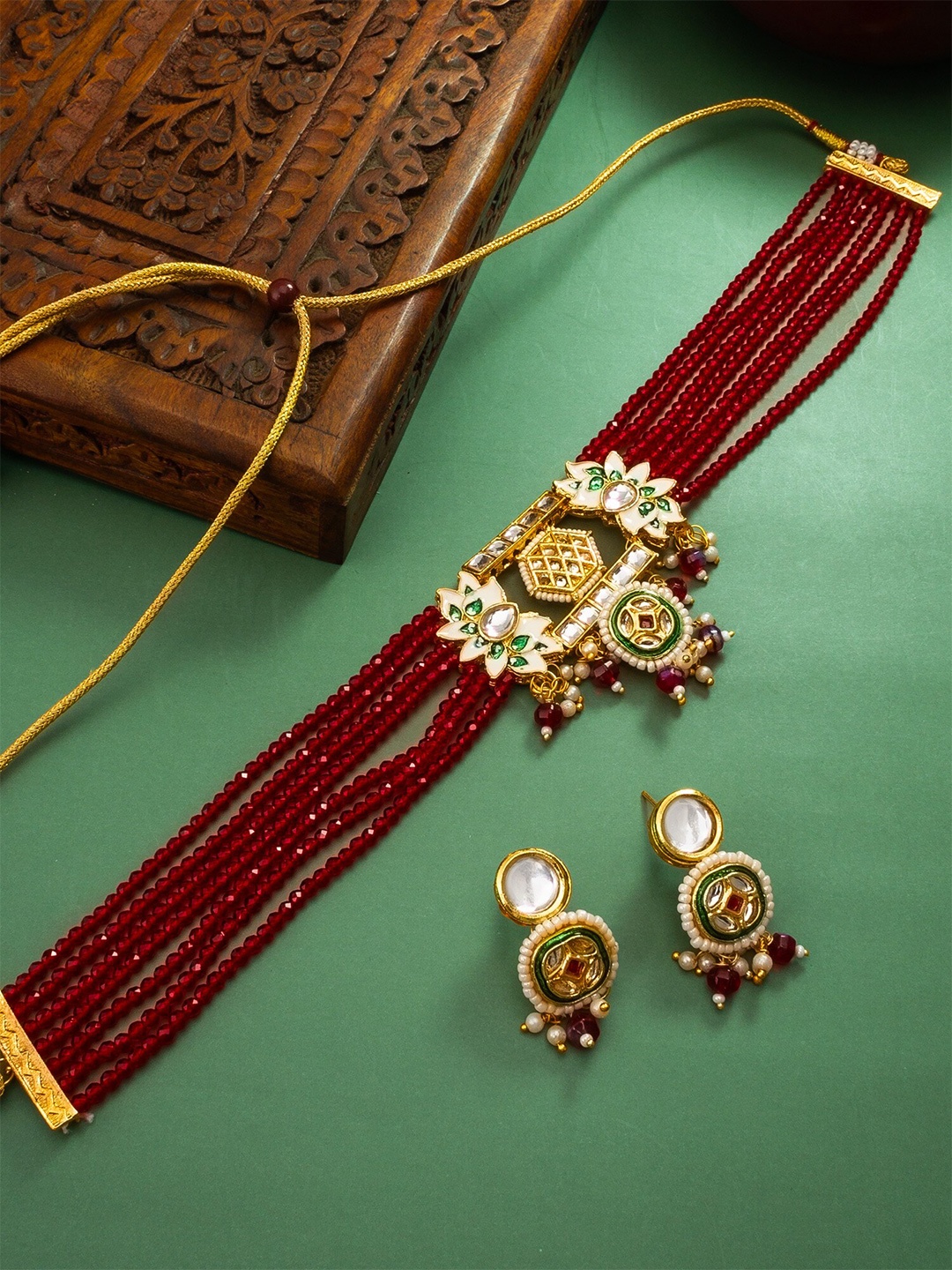 

aadita Stone-Studded & Beaded Jewellery Set, Gold