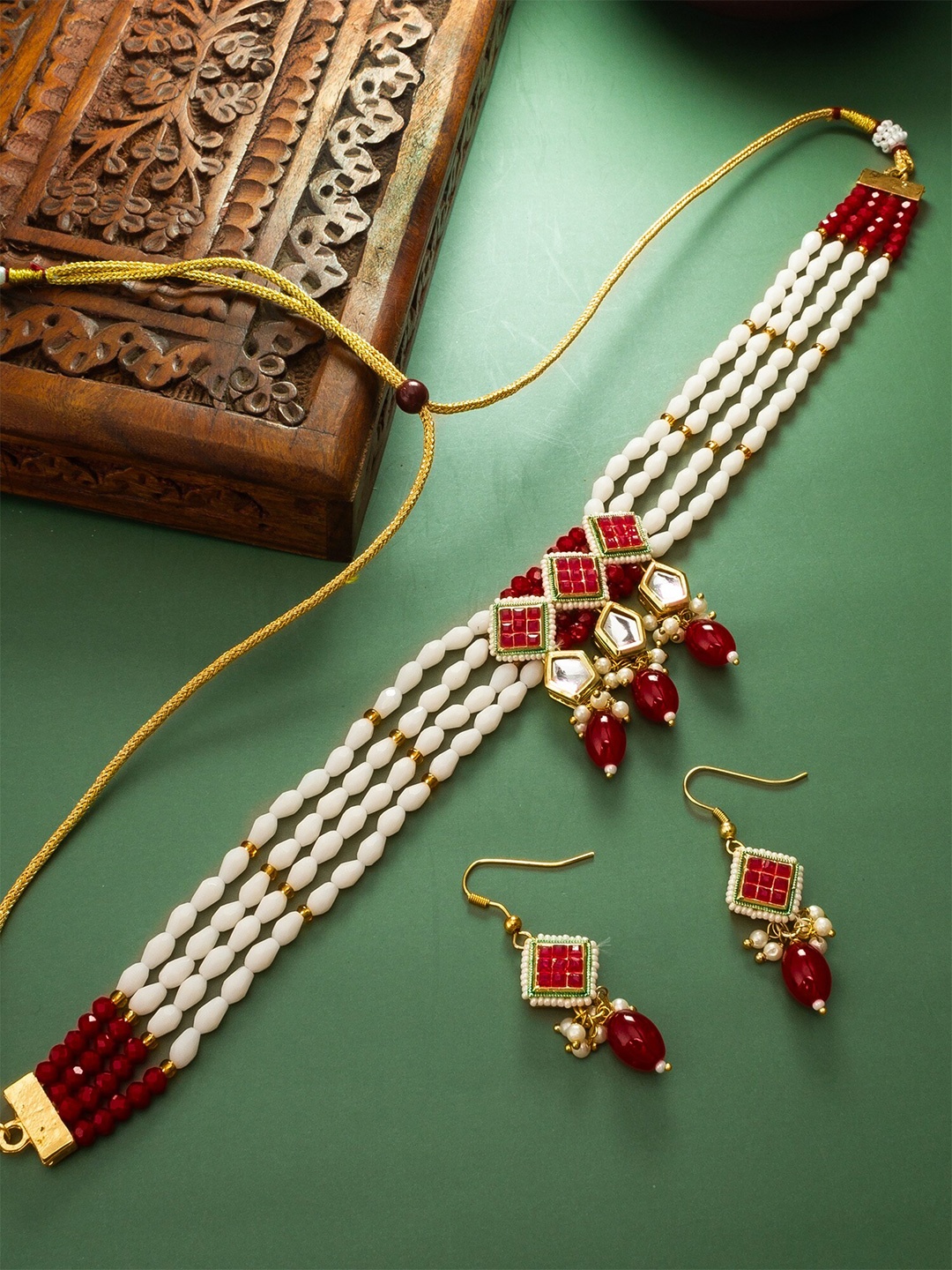 

aadita Stone-Studded & Beaded Jewellery Set, Gold