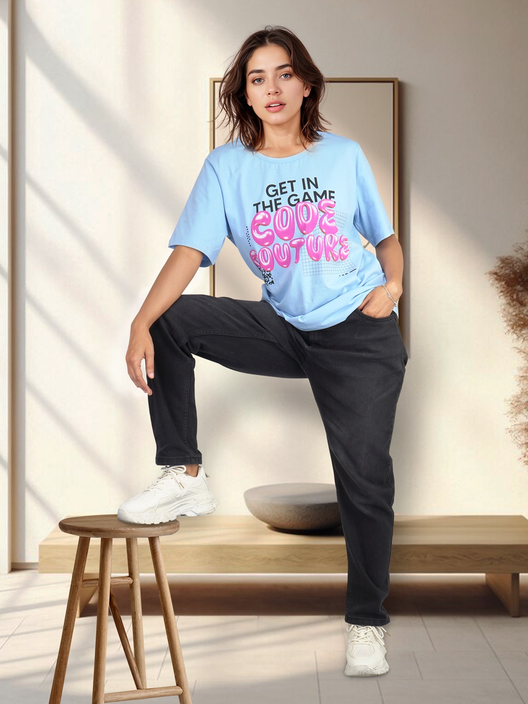 

HERE&NOW Typography Printed Longline Pure Cotton T-shirt, Blue