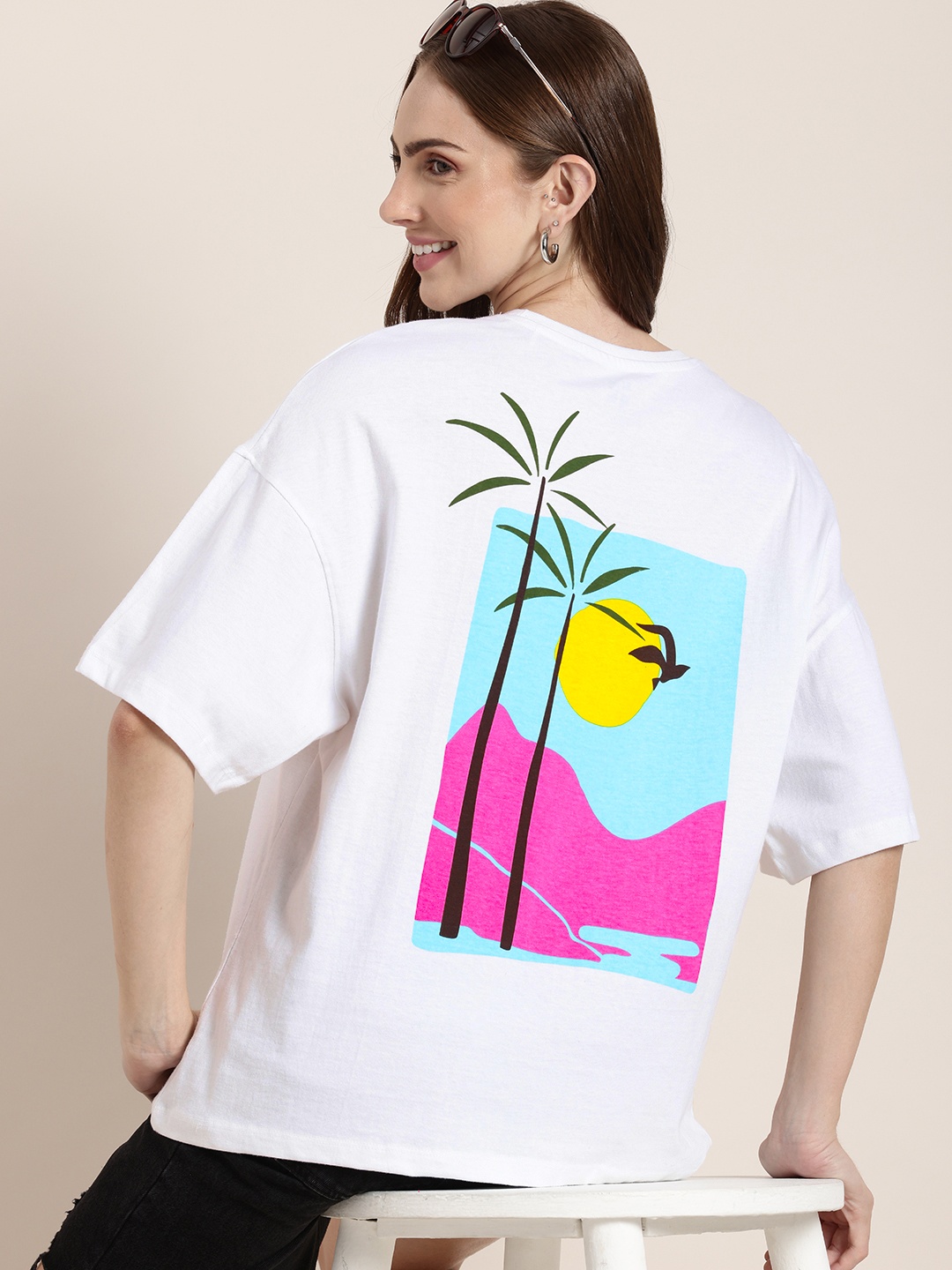 

HERE&NOW Printed Oversized Drop-Shoulder Sleeves Pure Cotton T-shirt, White