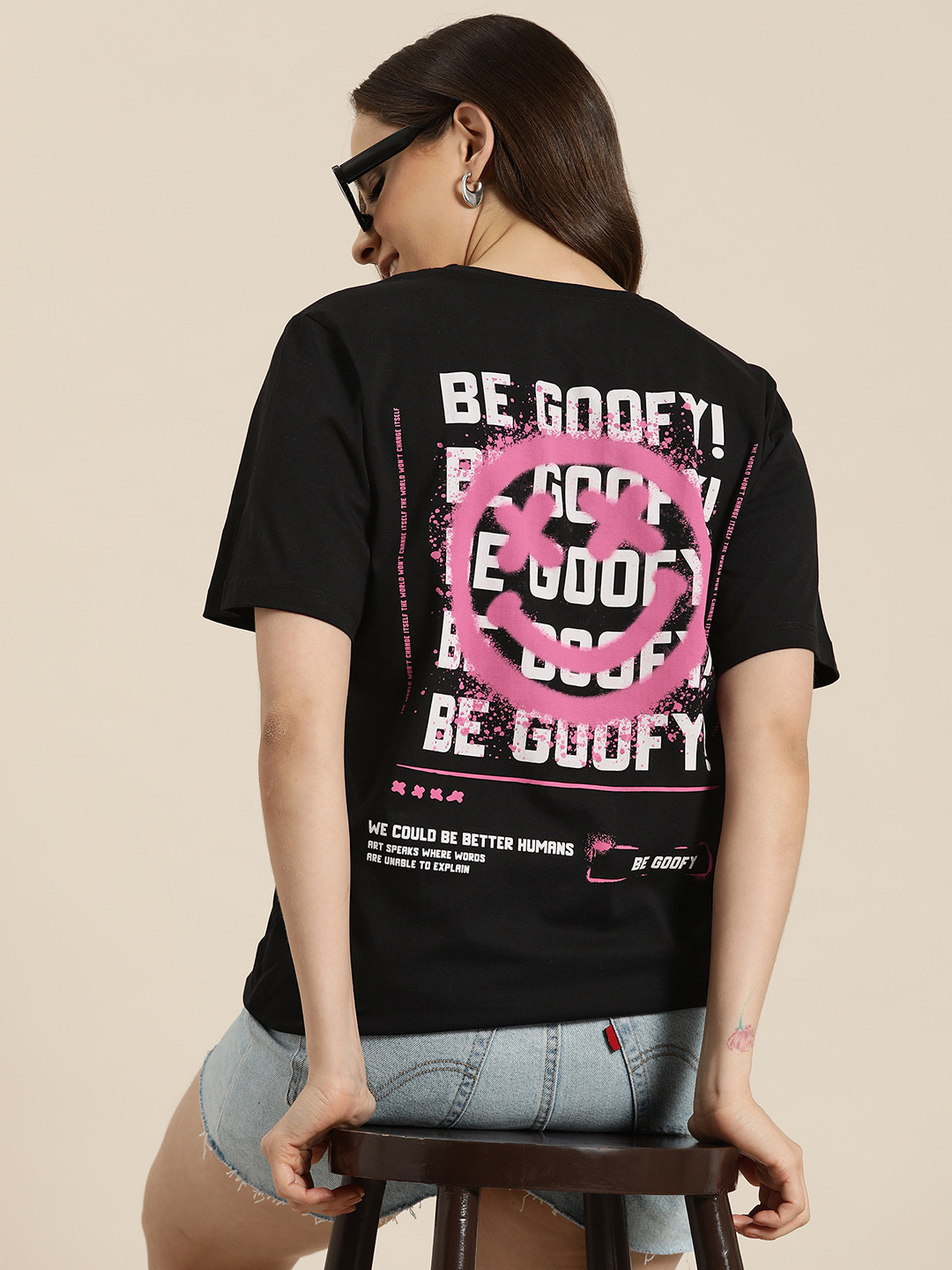 

HERE&NOW Printed Pure Cotton T-shirt, Black