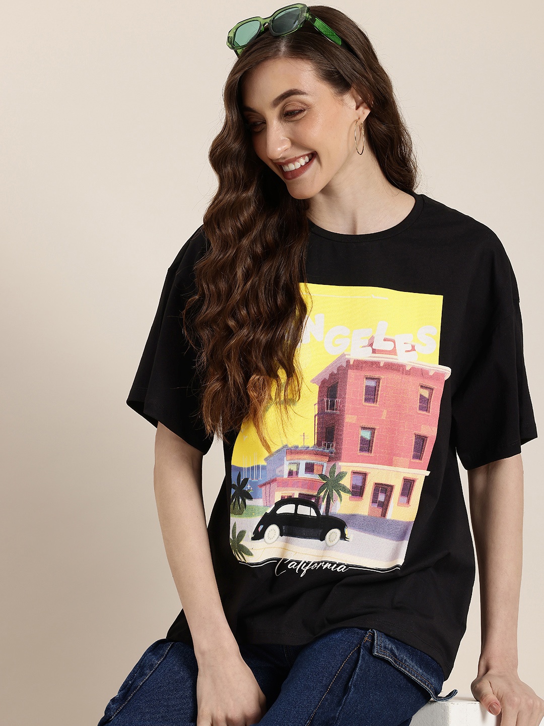 

HERE&NOW Women Printed Drop-Shoulder Sleeves Pure Cotton T-shirt, Black