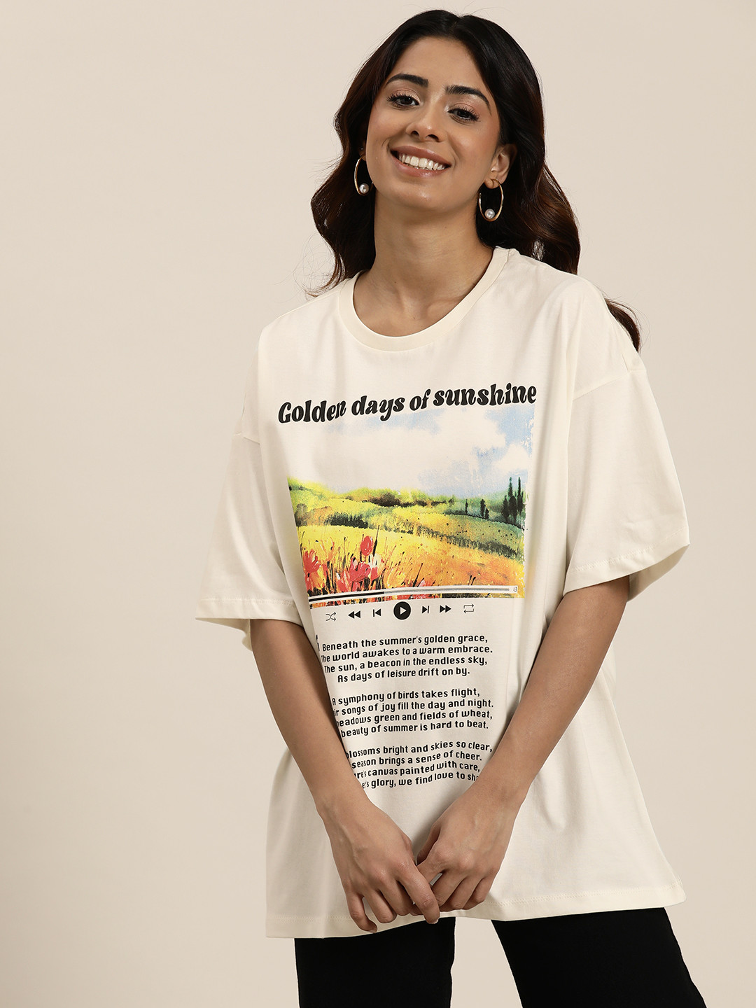 

HERE&NOW Printed Drop-Shoulder Pure Cotton Oversized T-shirt, Cream