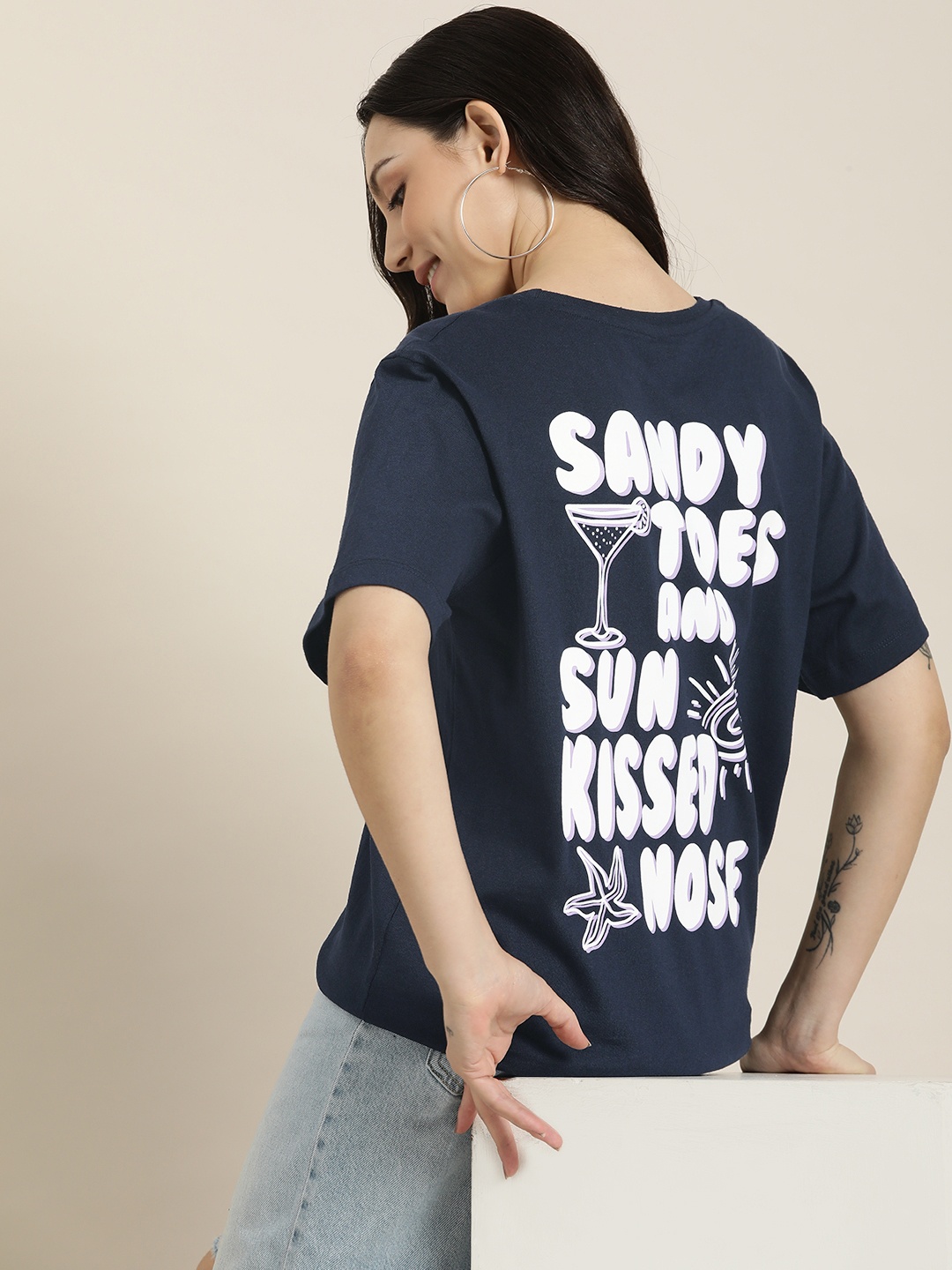 

HERE&NOW Printed Drop-Shoulder Sleeves T-shirt, Navy blue