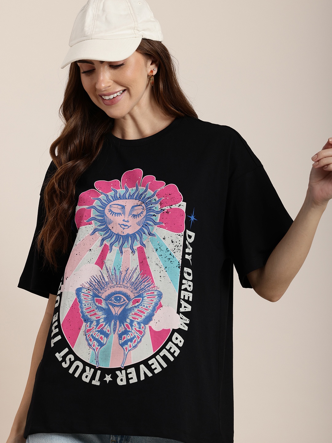

HERE&NOW Women Printed Pure Cotton T-shirt, Black