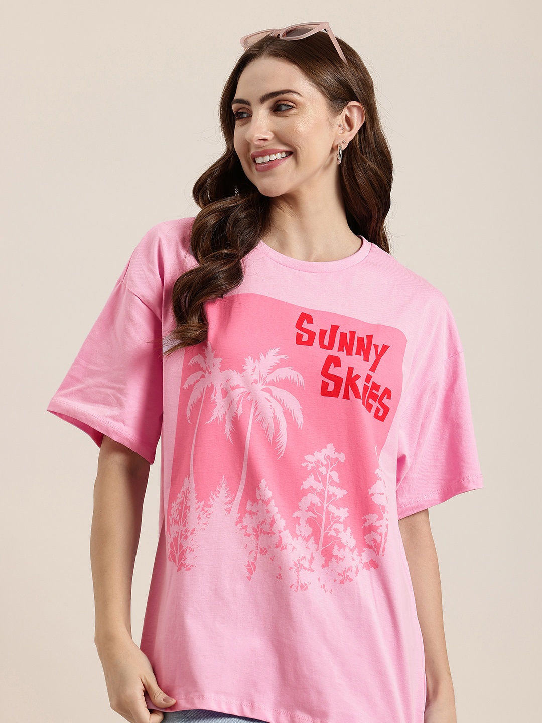 

HERE&NOW Printed Drop-Shoulder Sleeves Pure Cotton Relaxed Fit T-shirt, Pink