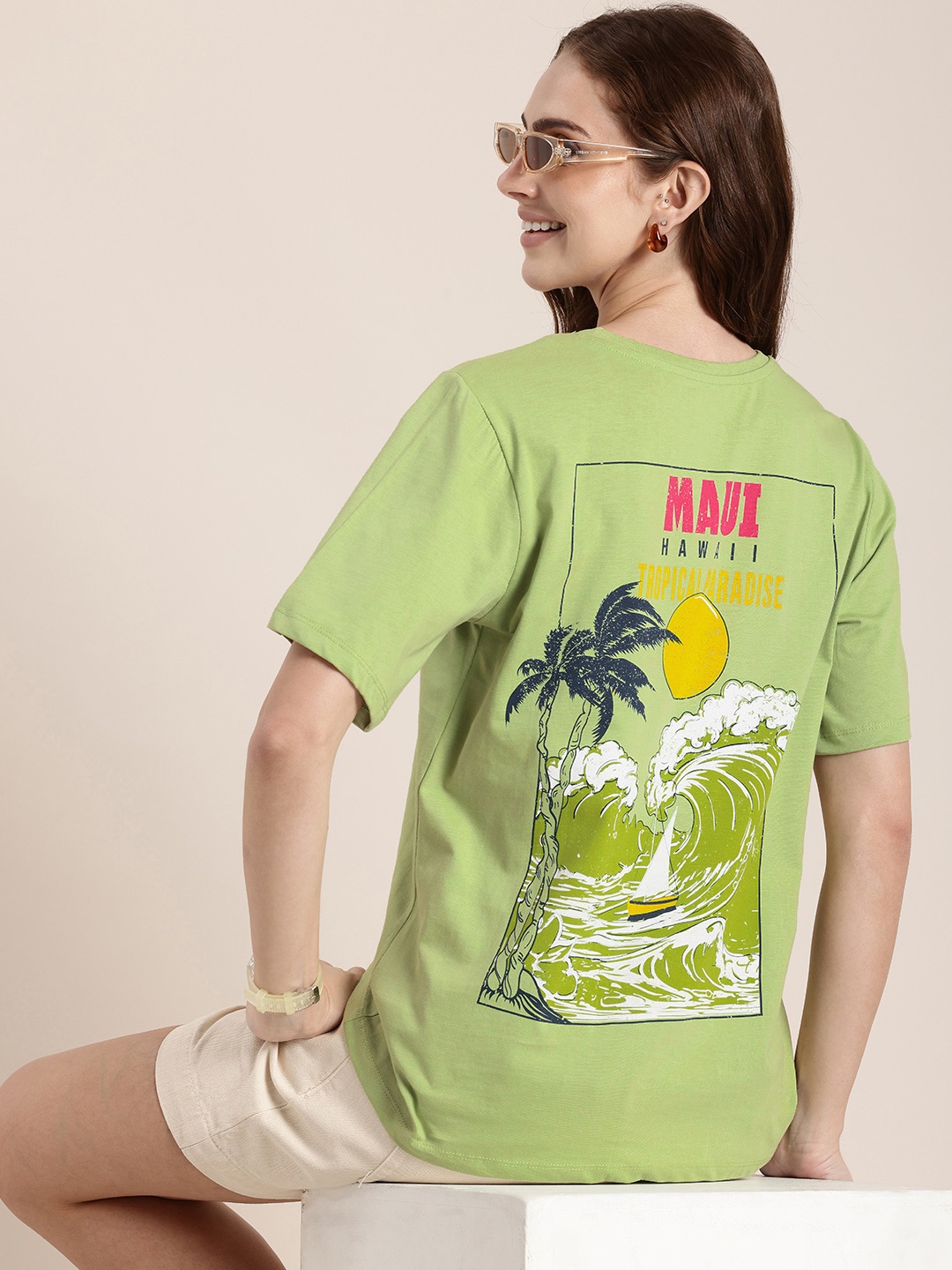 

HERE&NOW Printed Drop-Shoulder Sleeves Pure Cotton Relaxed Fit T-shirt, Green