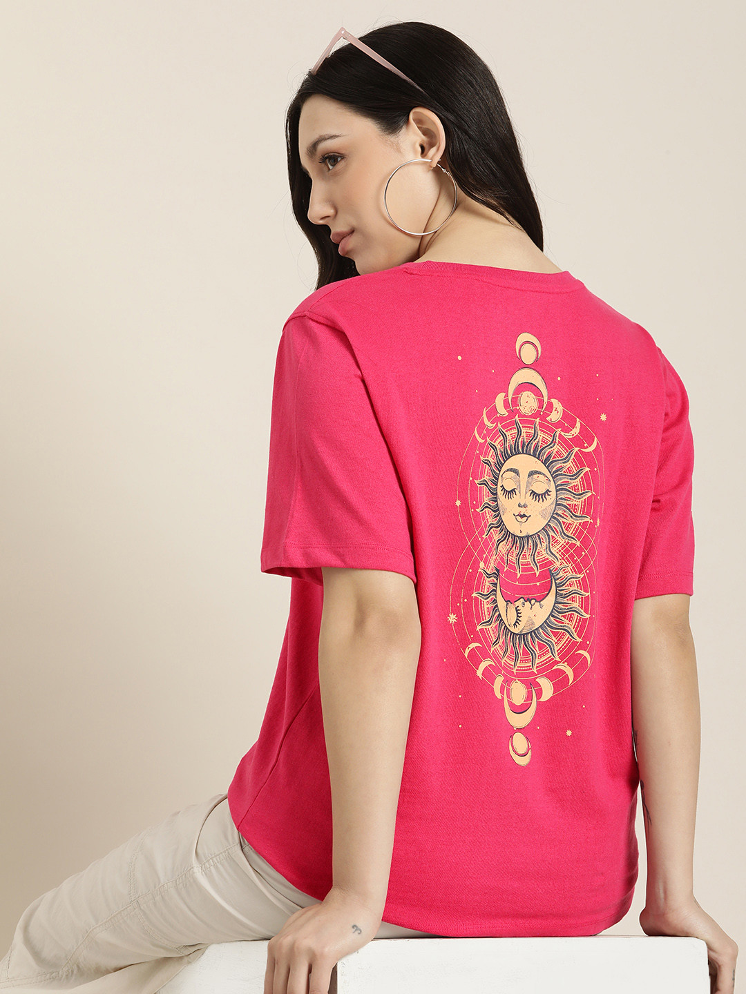 

HERE&NOW Printed Drop-Shoulder Sleeves T-shirt, Pink