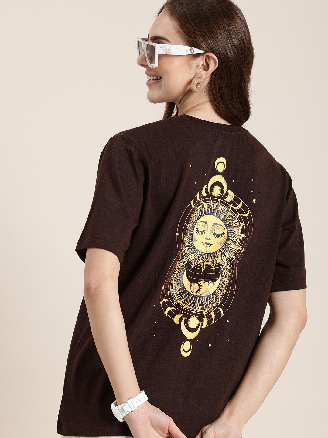 

HERE&NOW Printed Drop-Shoulder Sleeves Relaxed Fit T-shirt, Brown