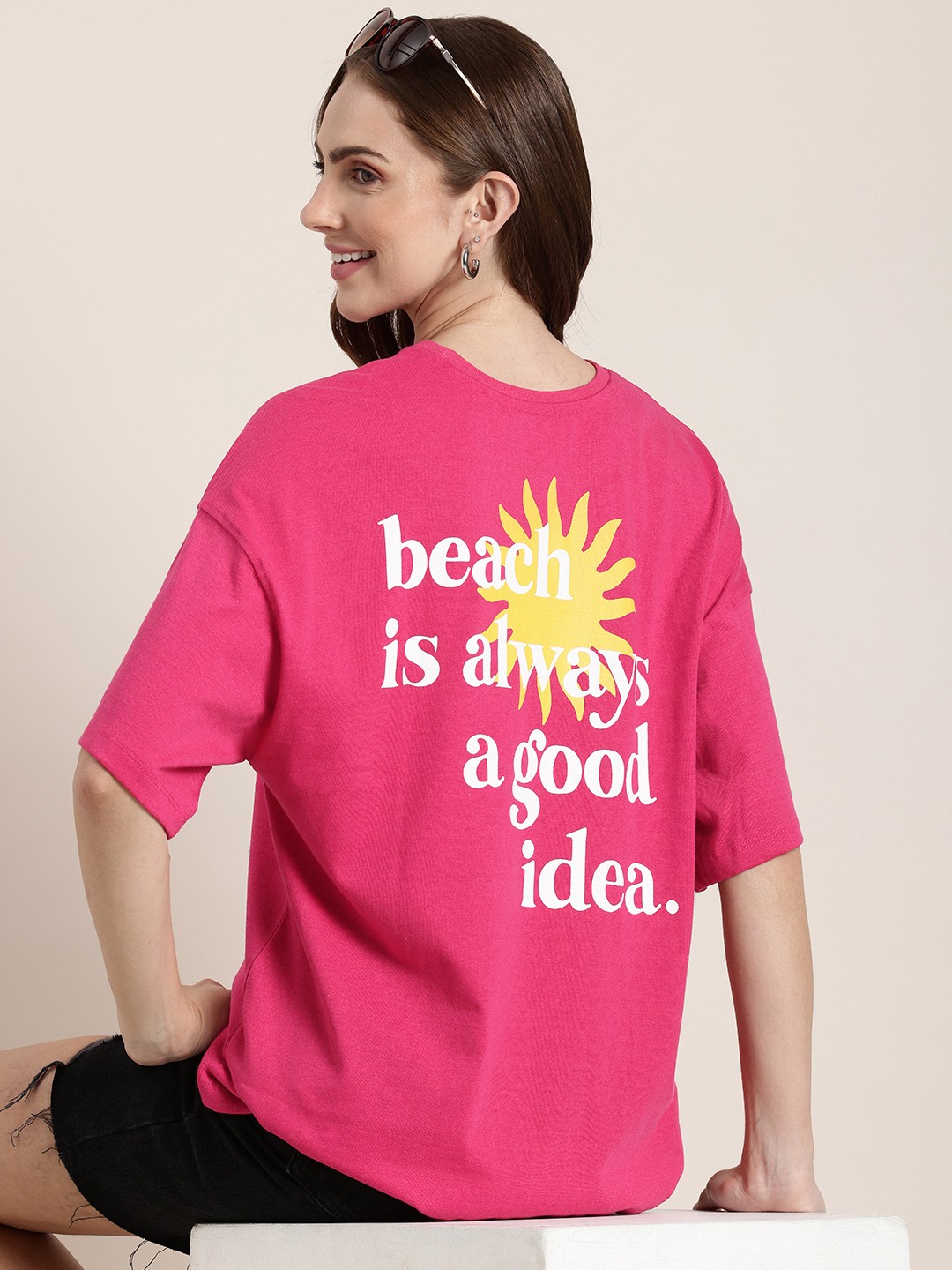 

HERE&NOW Typography Printed Oversized Drop-Shoulder Sleeves T-shirt, Pink