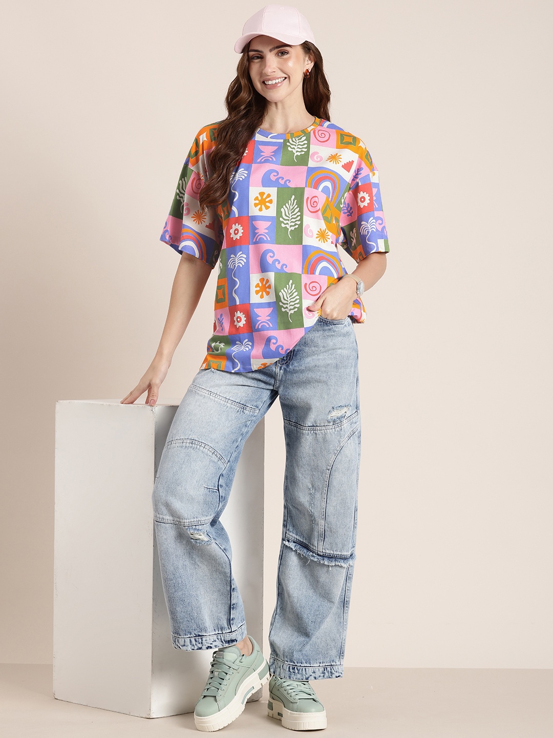 

HERE&NOW Printed Drop-Shoulder Sleeves Pure Cotton Relaxed Fit T-shirt, Multi