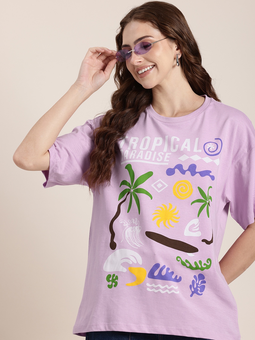 

HERE&NOW Printed Drop-Shoulder Sleeves Pure Cotton Relaxed Fit T-shirt, Lavender