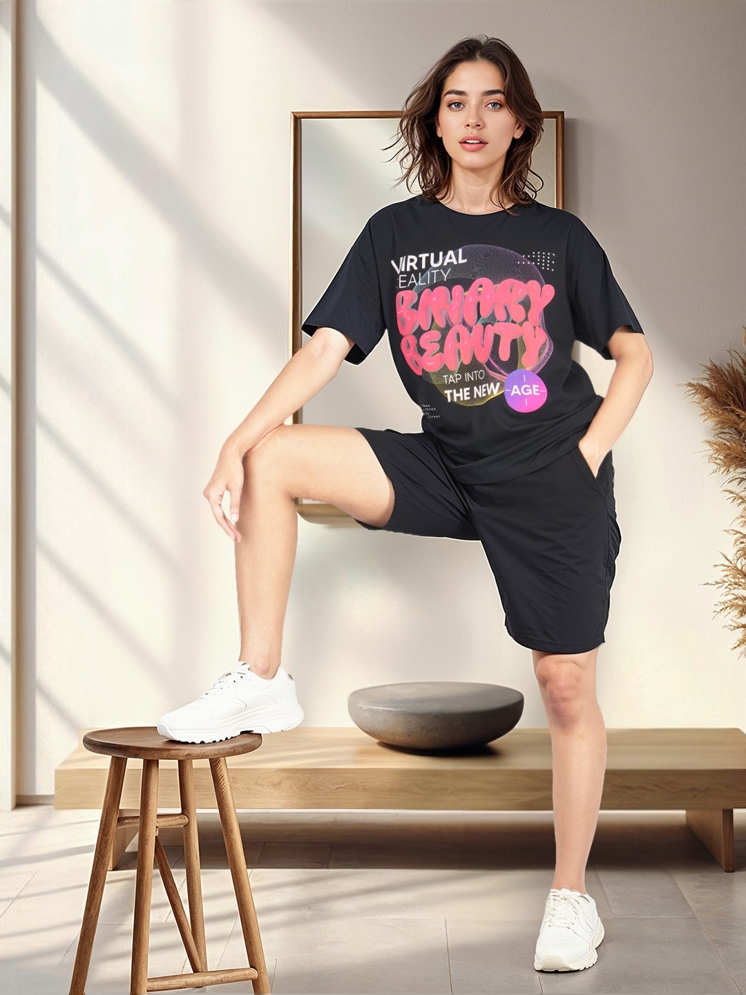 

HERE&NOW Typography Printed Drop-Shoulder Relaxed Fit Pure Cotton T-shirt, Black