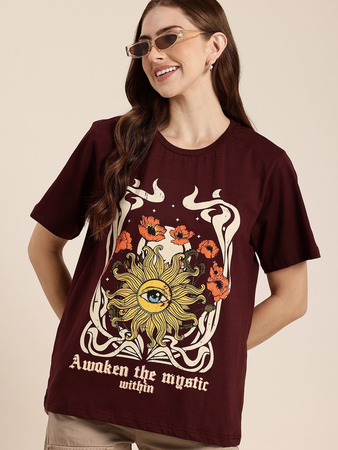 

HERE&NOW Floral Printed Pure Cotton T-shirt, Brown