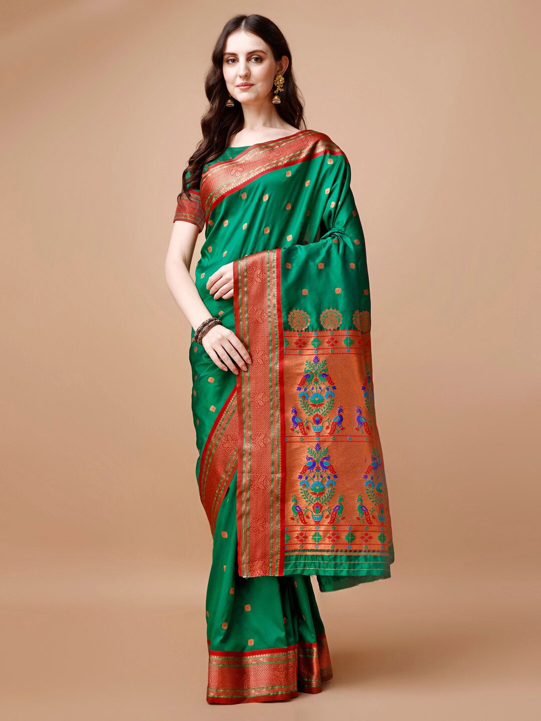 

JUST FASHION Green & Red Woven Design Zari Paithani Saree