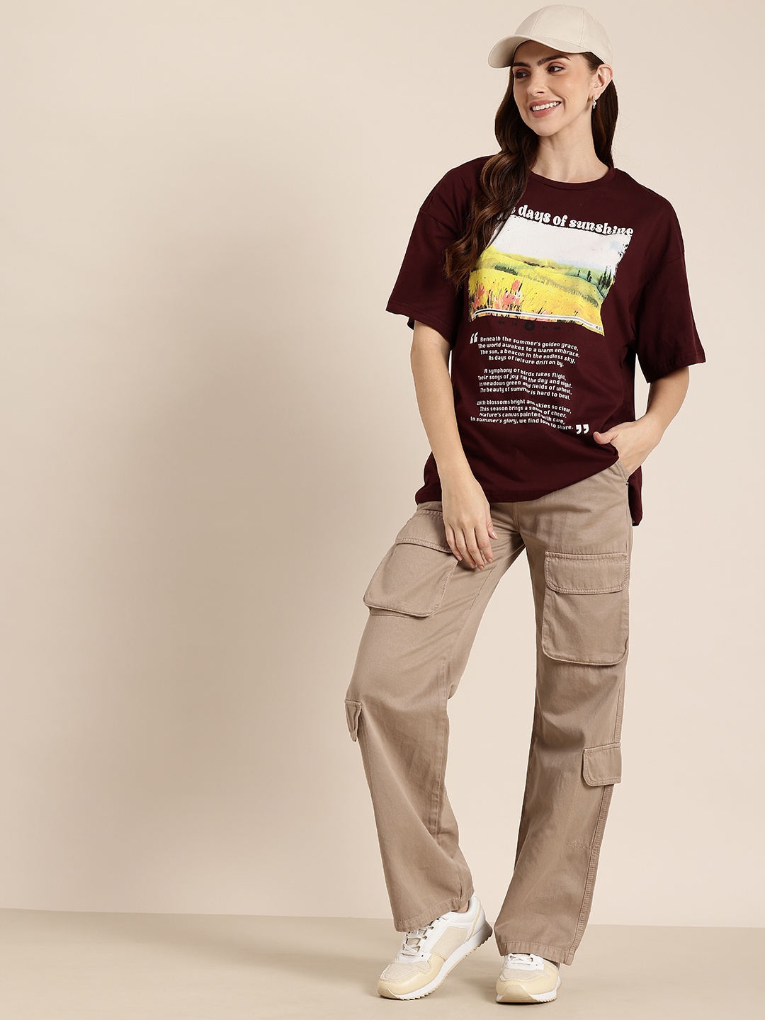 

HERE&NOW Printed Relaxed Fit Drop-Shoulder Sleeves Pure Cotton T-shirt, Brown