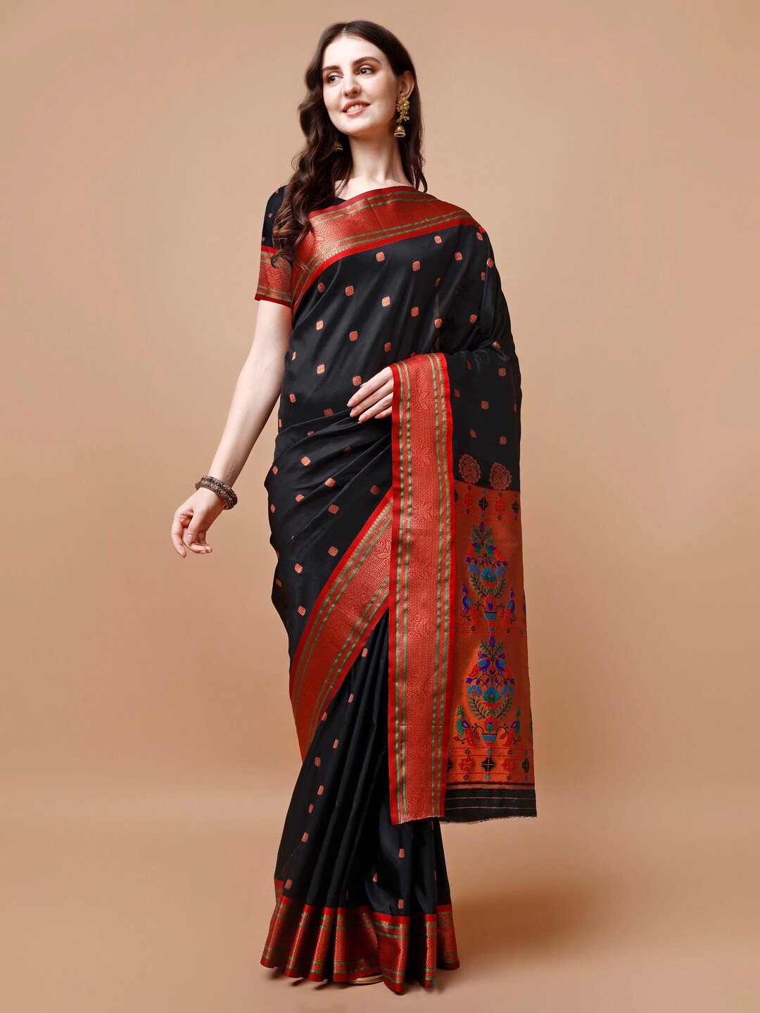 

JUST FASHION Black & Red Woven Design Zari Paithani Saree