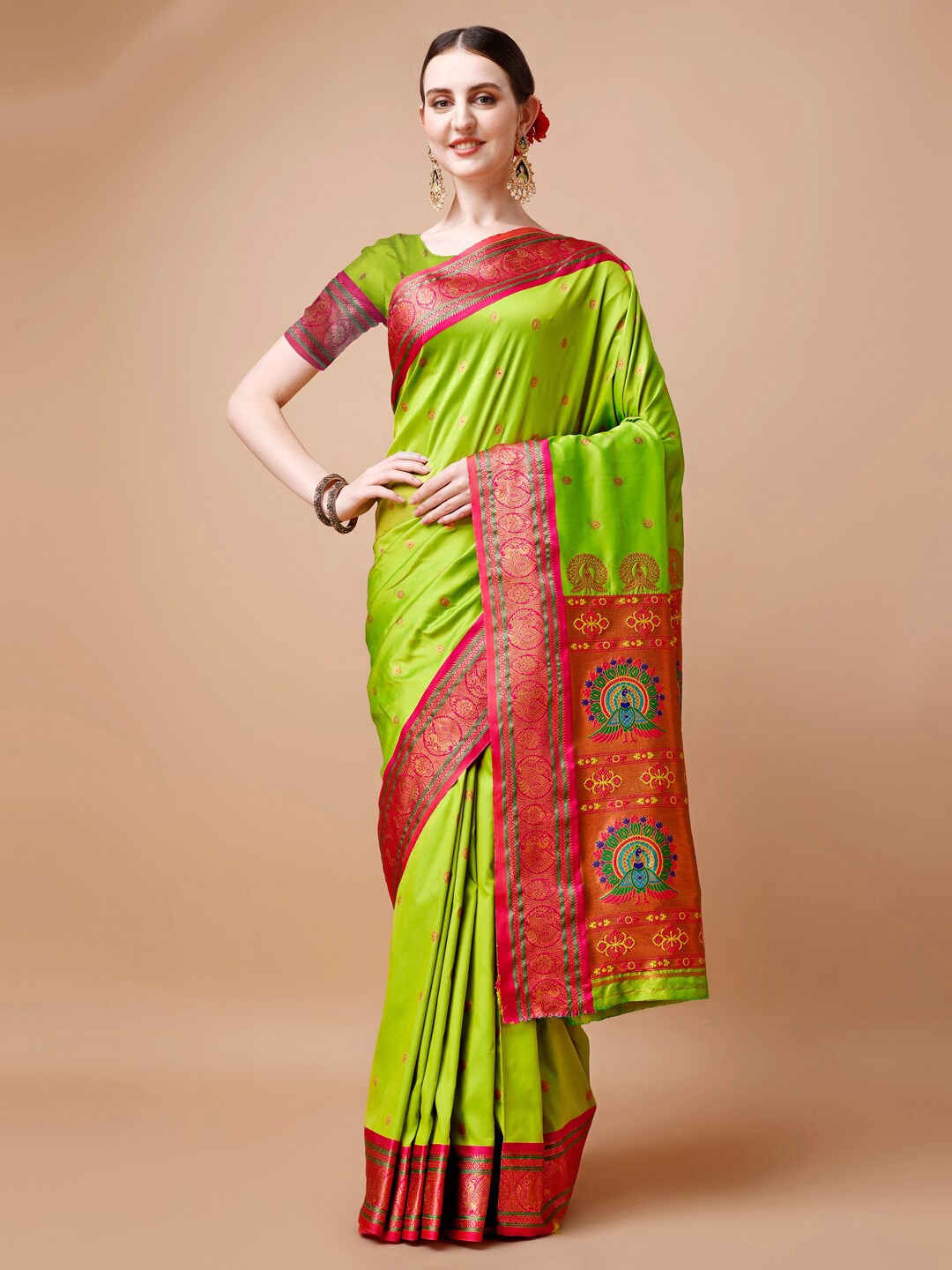 

JUST FASHION Ethnic Motifs Printed Woven Design Zari Paithani Saree, Lime green