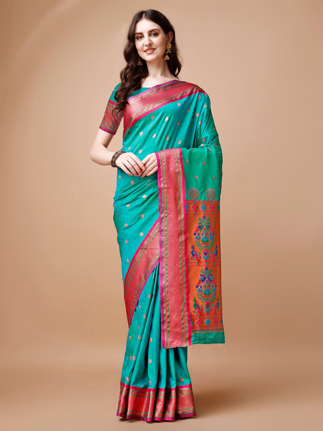 

JUST FASHION Ethnic Motifs Printed Woven Design Zari Paithani Saree, Turquoise blue