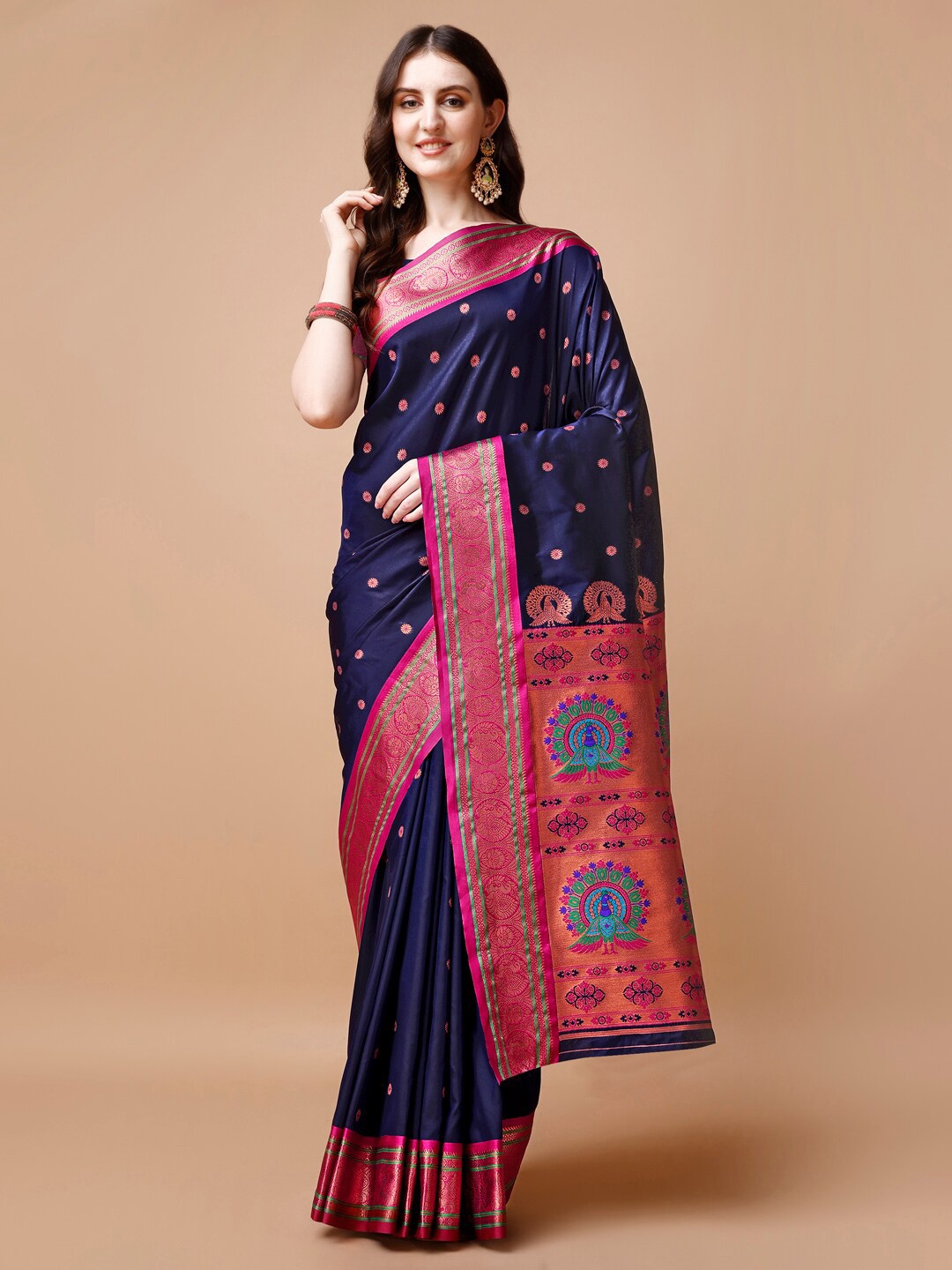 

JUST FASHION Ethnic Motifs Printed Woven Design Zari Paithani Saree, Navy blue