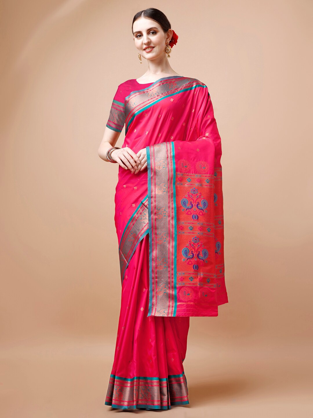 

JUST FASHION Pink & Blue Ethnic Motifs Woven Design Zari Paithani Saree