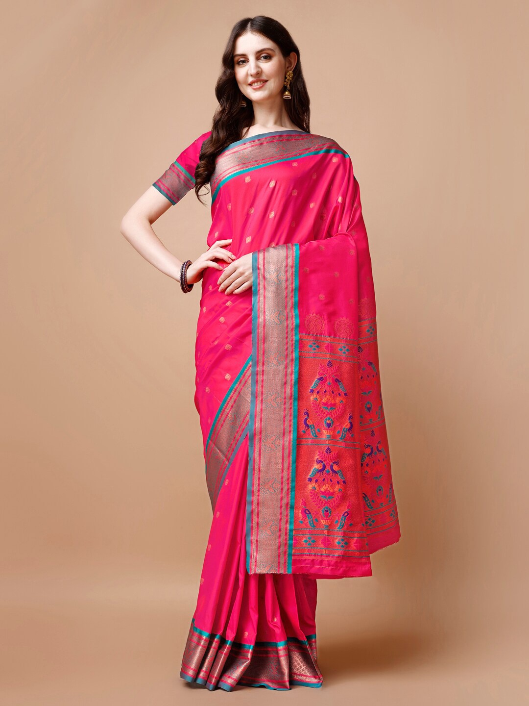 

JUST FASHION Pink & Blue Woven Design Zari Paithani Saree