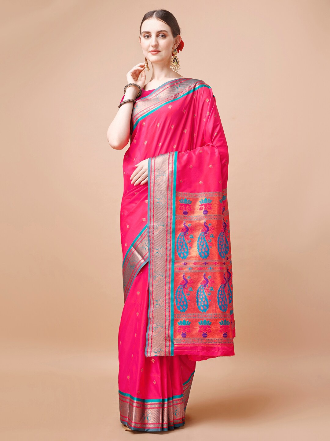 

JUST FASHION Ethnic Motifs Printed Woven Design Zari Paithani Saree, Pink