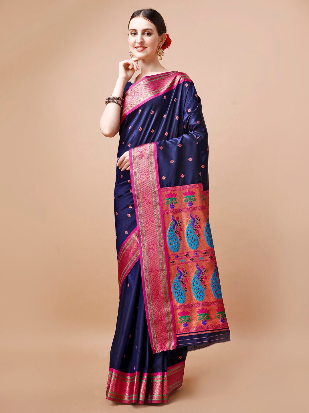 

JUST FASHION Navy Blue & Blue Woven Design Zari Paithani Saree
