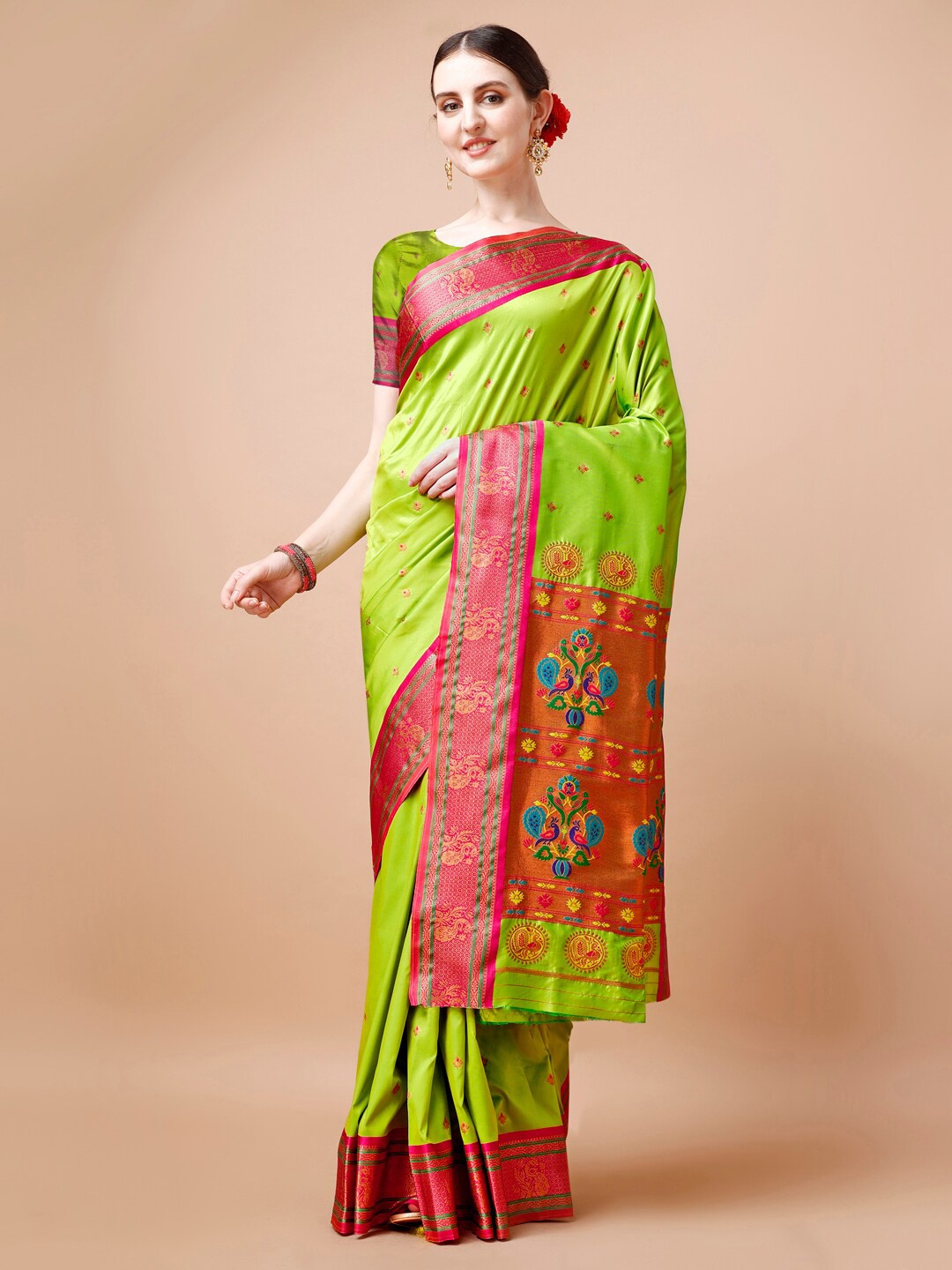 

JUST FASHION Lime Green & Pink Ethnic Motifs Zari Paithani Saree