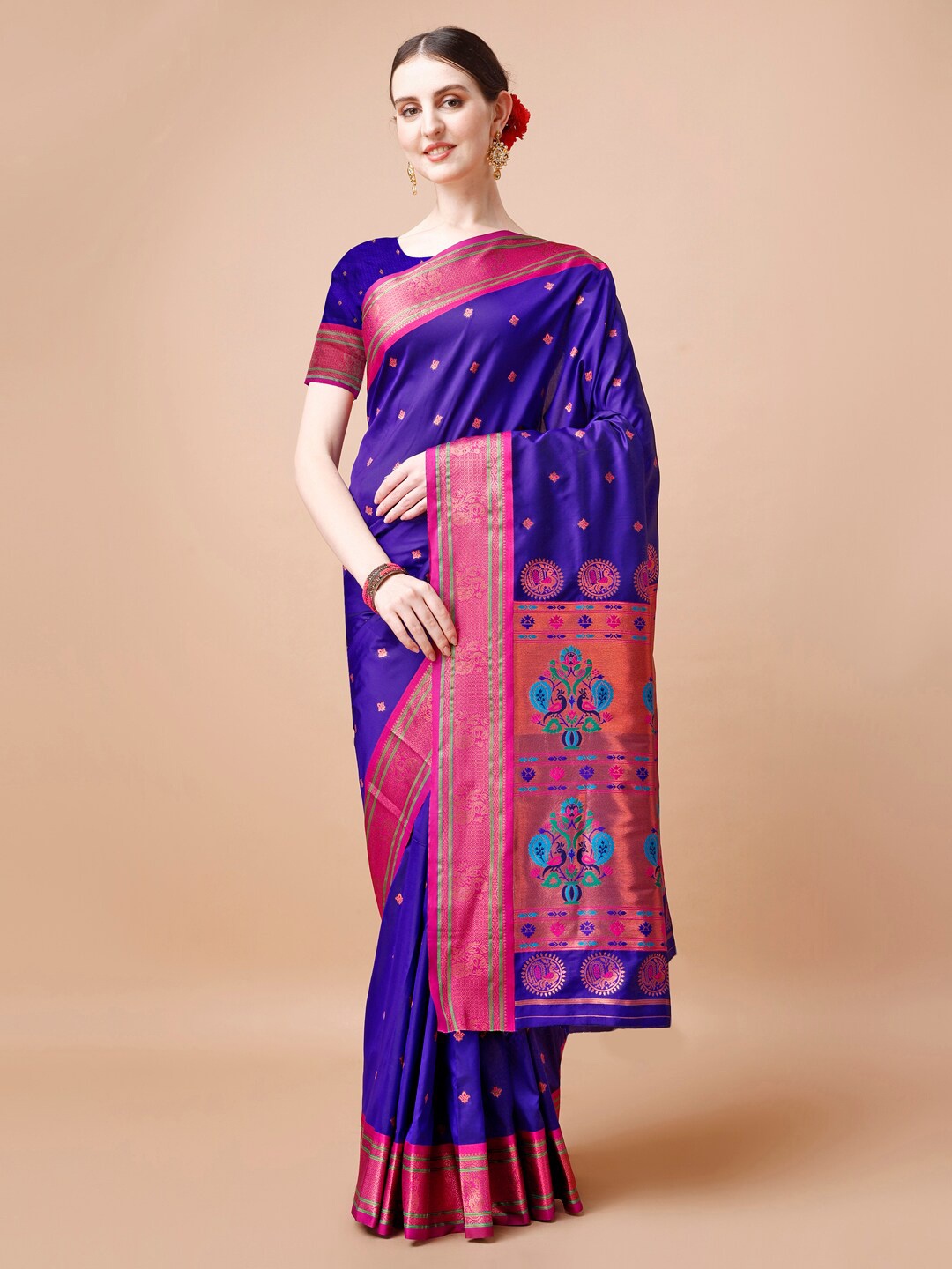 

JUST FASHION Purple & Blue Woven Design Zari Paithani Saree