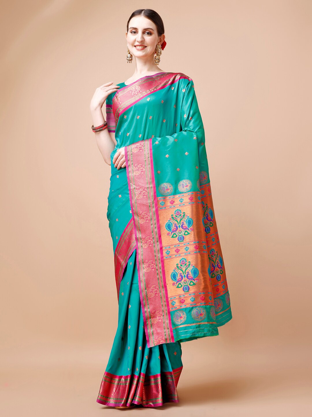 

JUST FASHION Turquoise Blue & Pink Woven Design Zari Paithani Saree