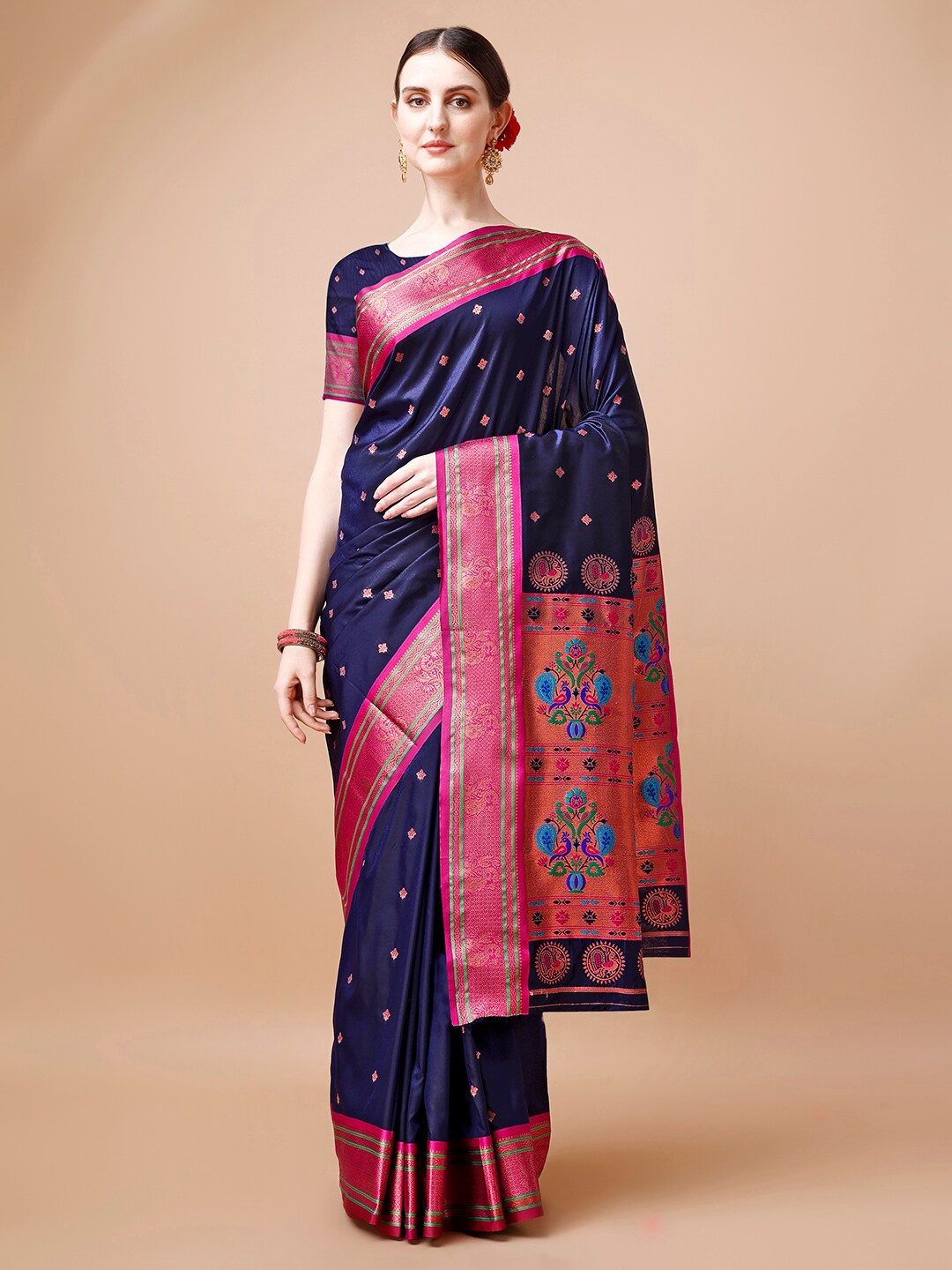 

JUST FASHION Navy Blue & Blue Woven Design Zari Paithani Saree