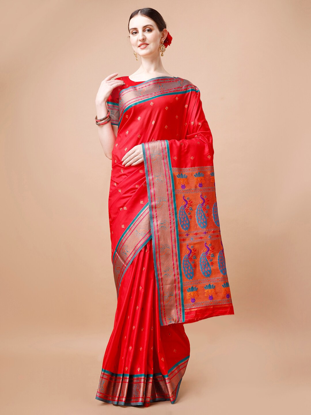 

JUST FASHION Red & Orange Woven Design Zari Paithani Saree