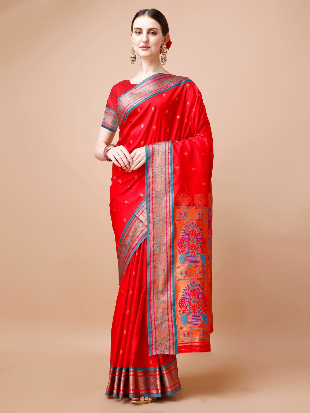

JUST FASHION Red & Blue Woven Design Zari Paithani Saree