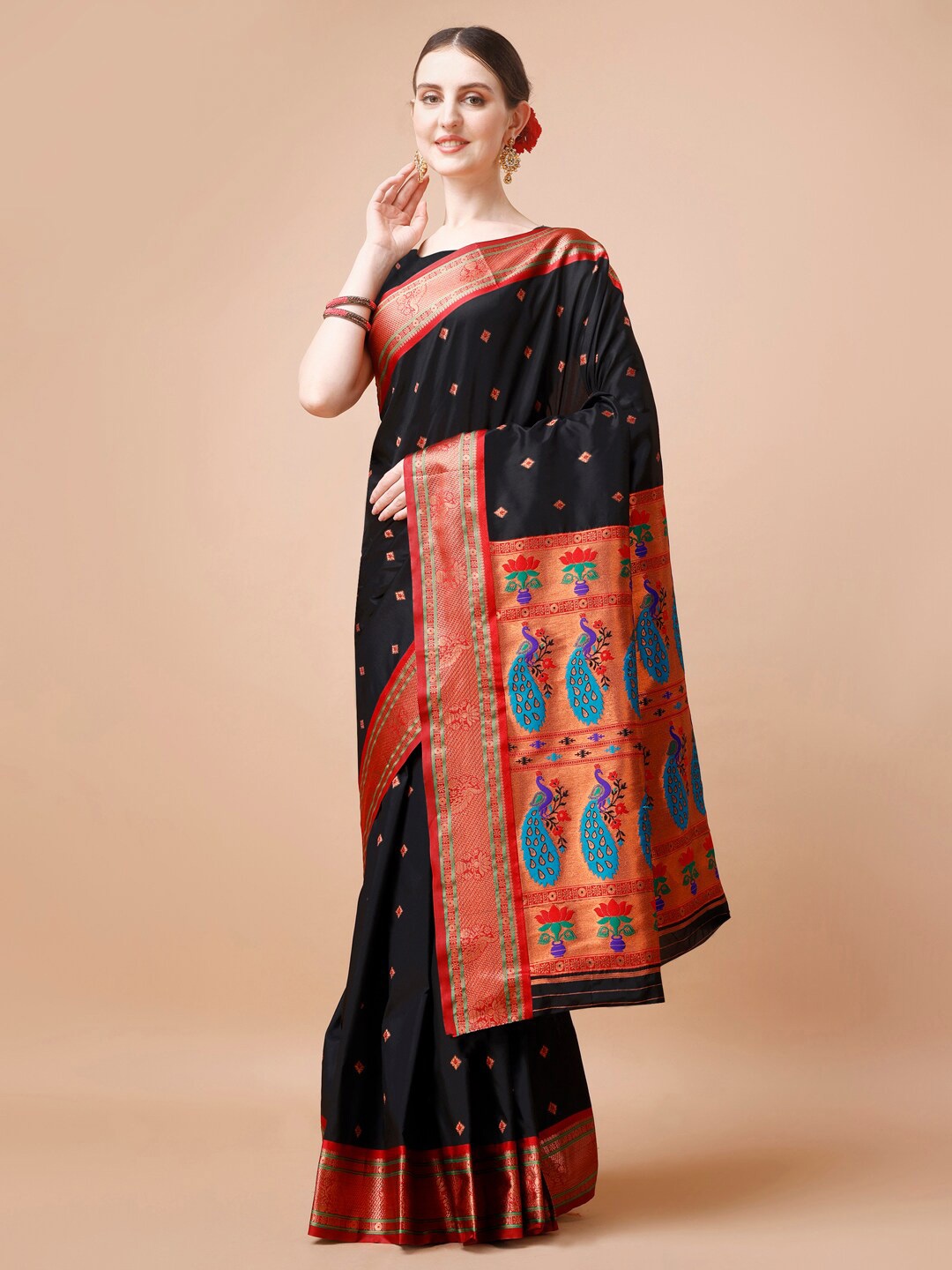 

JUST FASHION Black & Red Ethnic Motifs Zari Paithani Saree