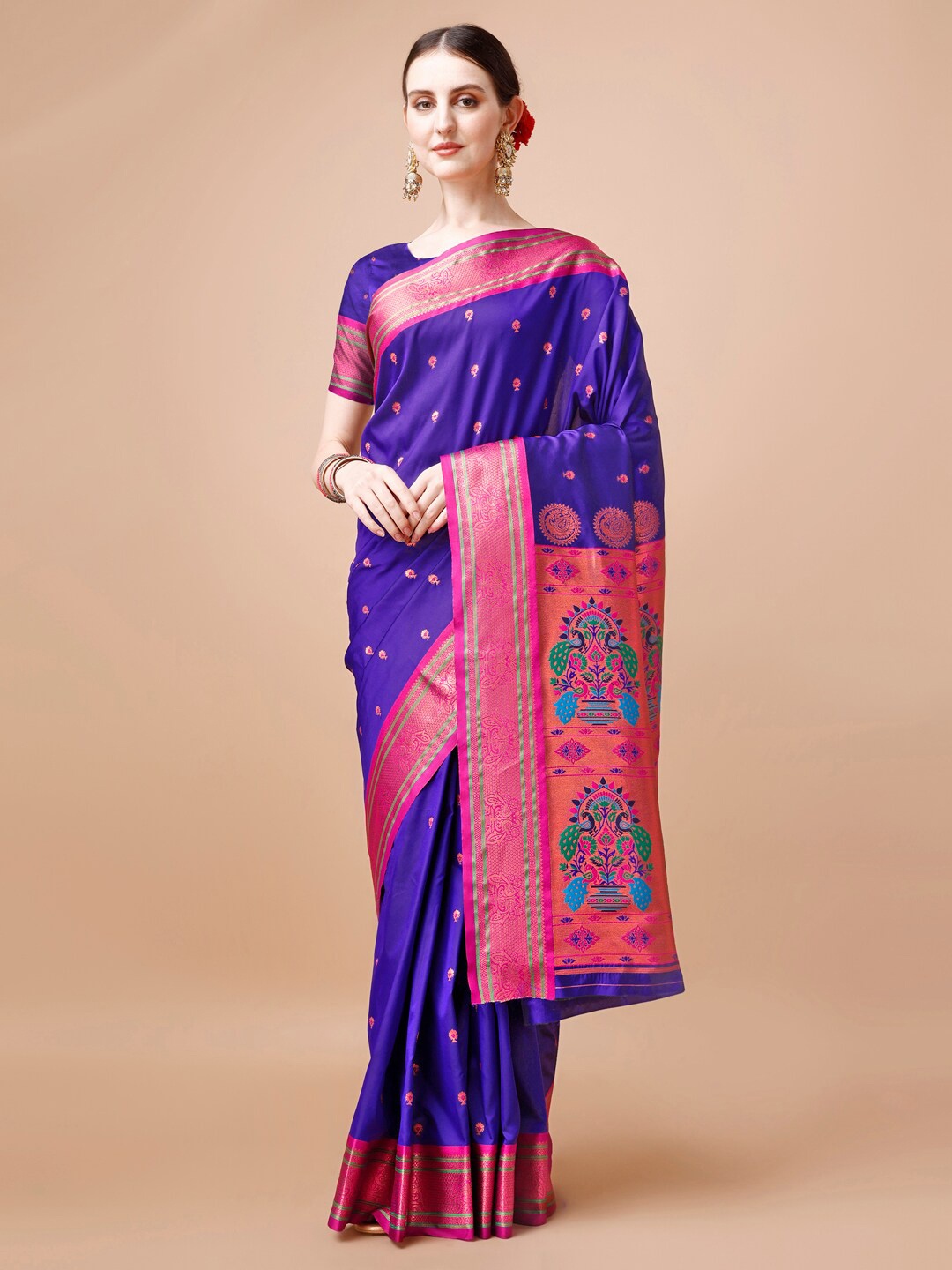 

JUST FASHION Purple & Green Woven Design Zari Paithani Saree