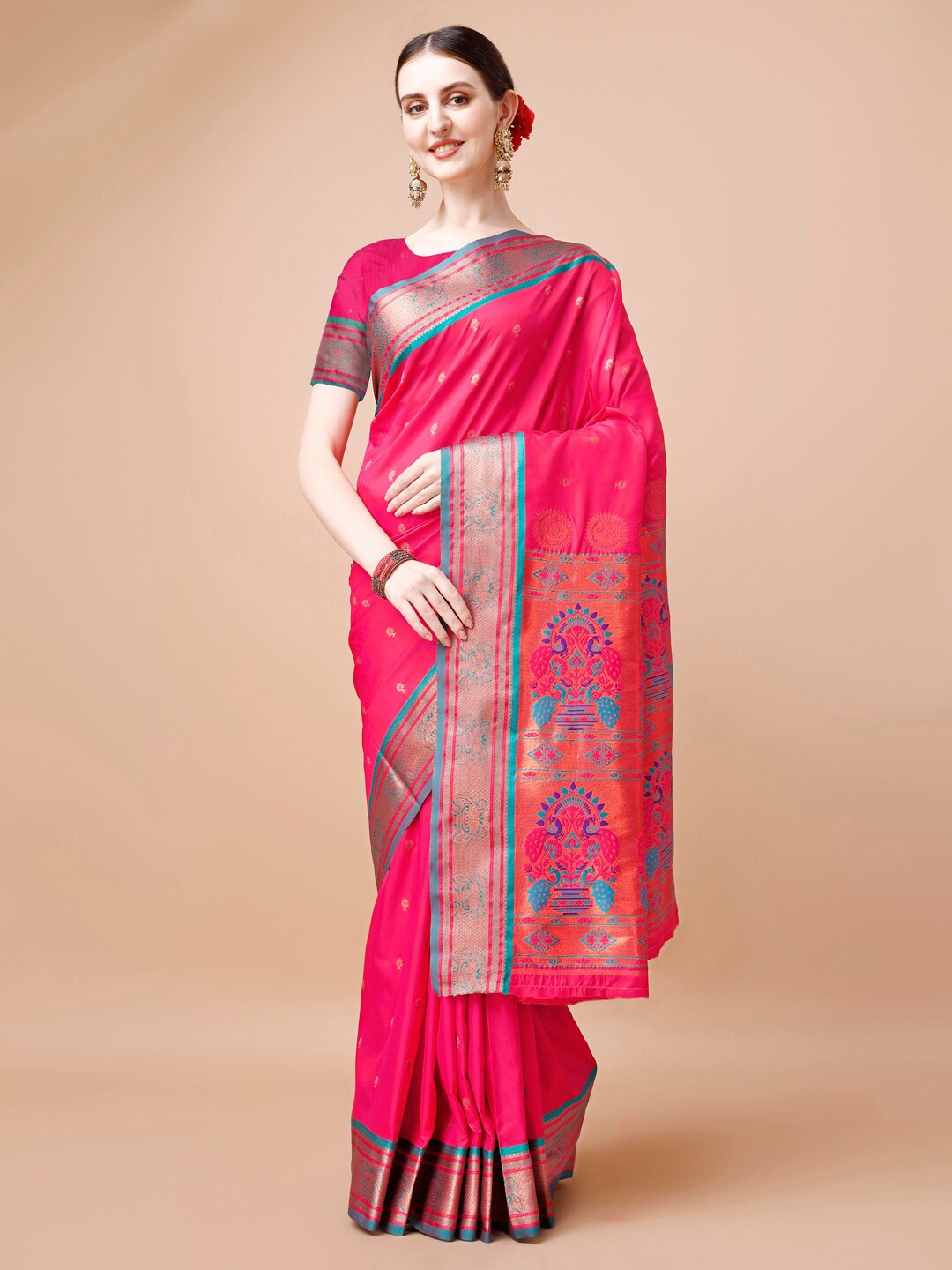 

JUST FASHION Pink & Blue Woven Design Zari Paithani Saree