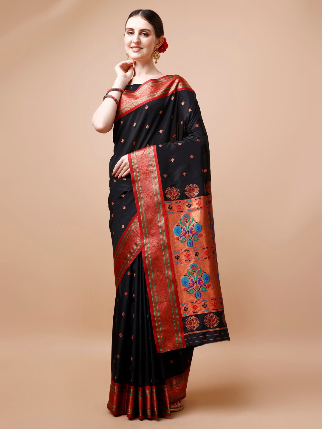 

JUST FASHION Black & Red Woven Design Zari Paithani Saree