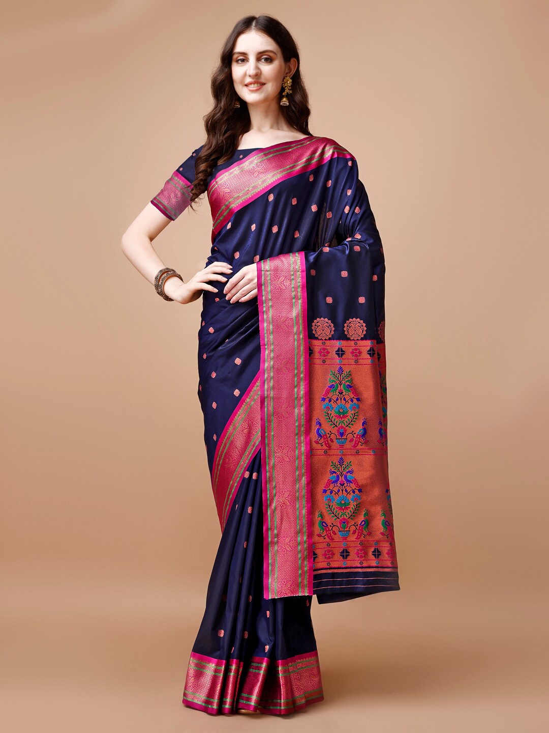 

JUST FASHION Navy Blue & Pink Ethnic Motifs Zari Paithani Saree