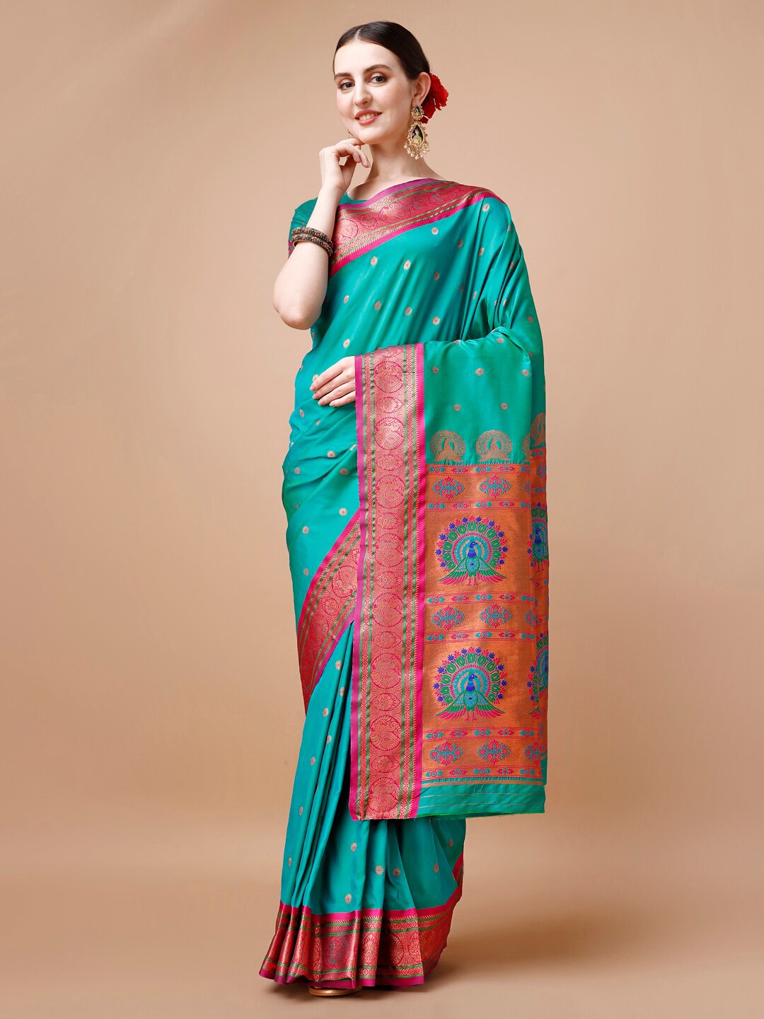 

JUST FASHION Turquoise Blue Woven Design Zari Paithani Saree